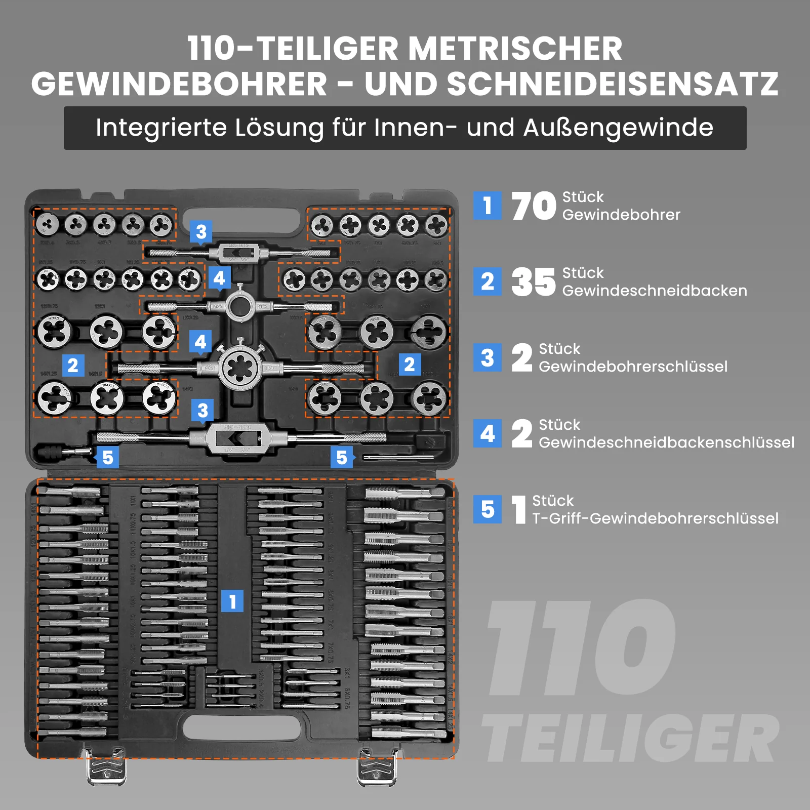 110-teiliges metrisches Gewindeschneid-Set für präzise Innen- und Außengewinde aus gehärtetem Stahl - Image 2
