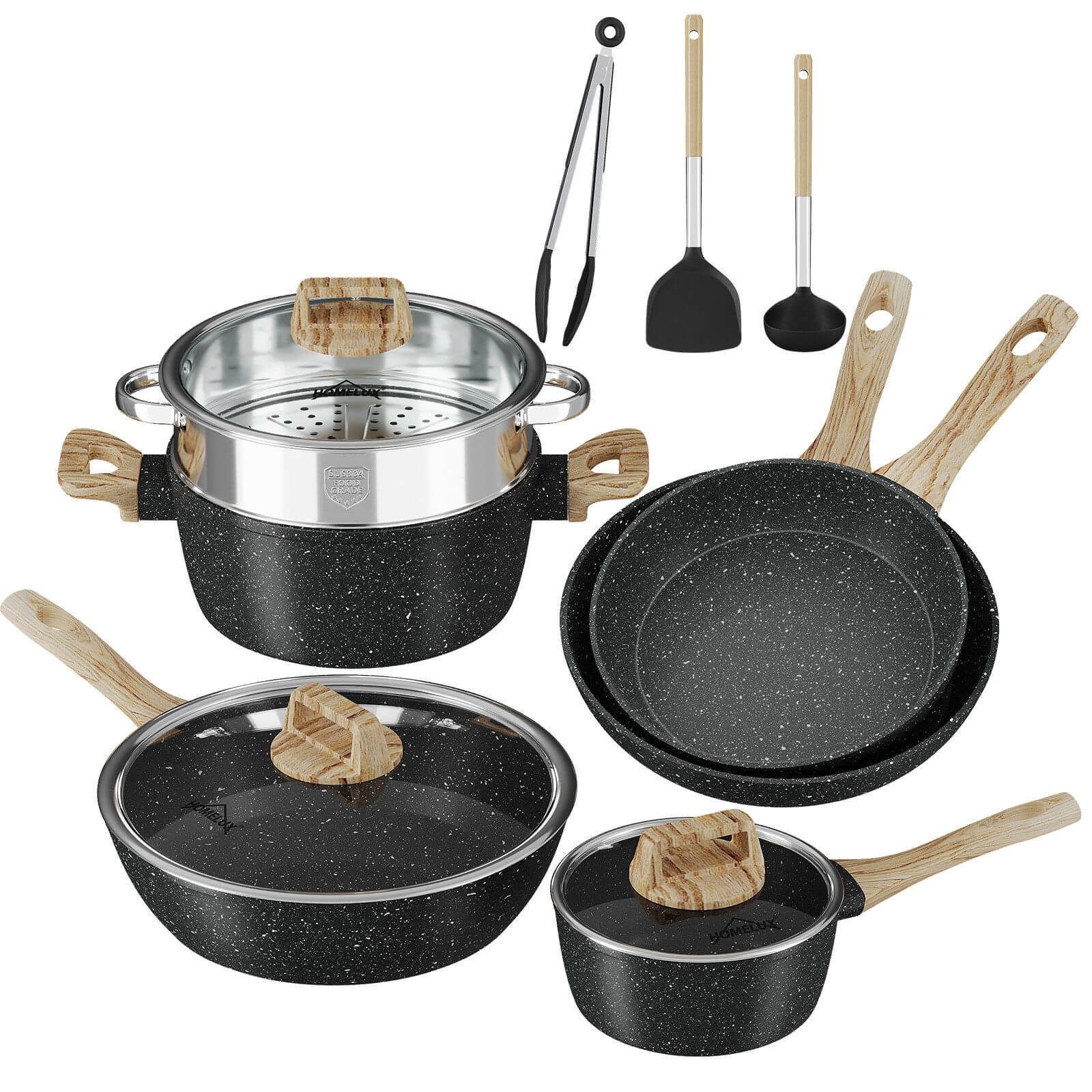 12-tlg Topf und Pfannen Set Topfset Induktion 12-teilige Kochtopf mit Glasdeckel Töpfe und Bratpfanne Set
