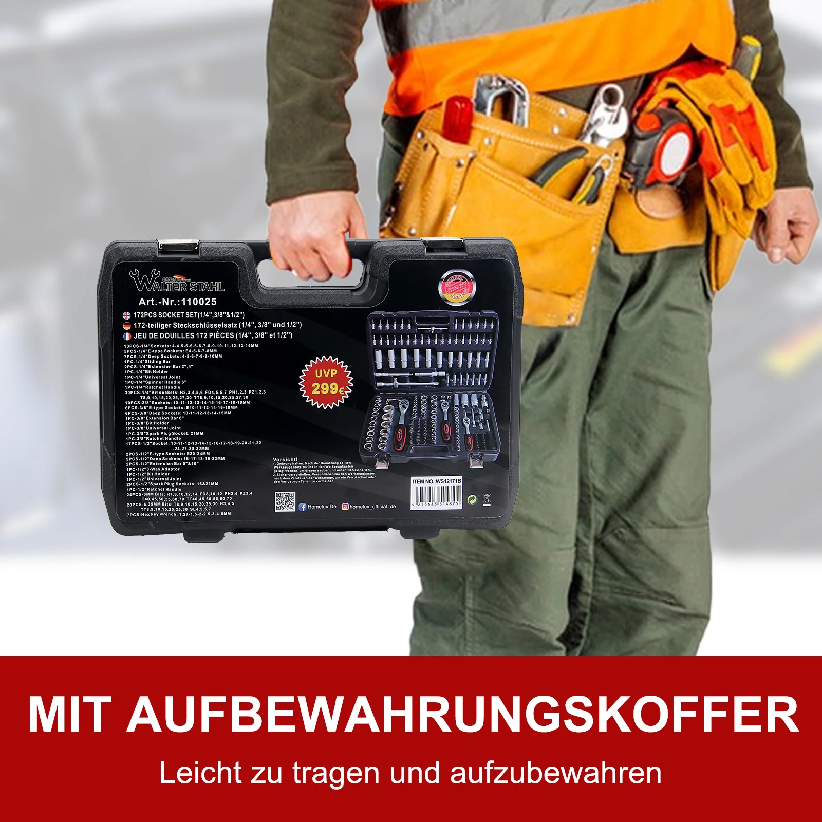 172-teiliger Steckschlüsselsatz aus Chrom-Vanadium-Stahl mit Ratschen, Bits und umfangreichem Zubehör im Koffer - Image 7