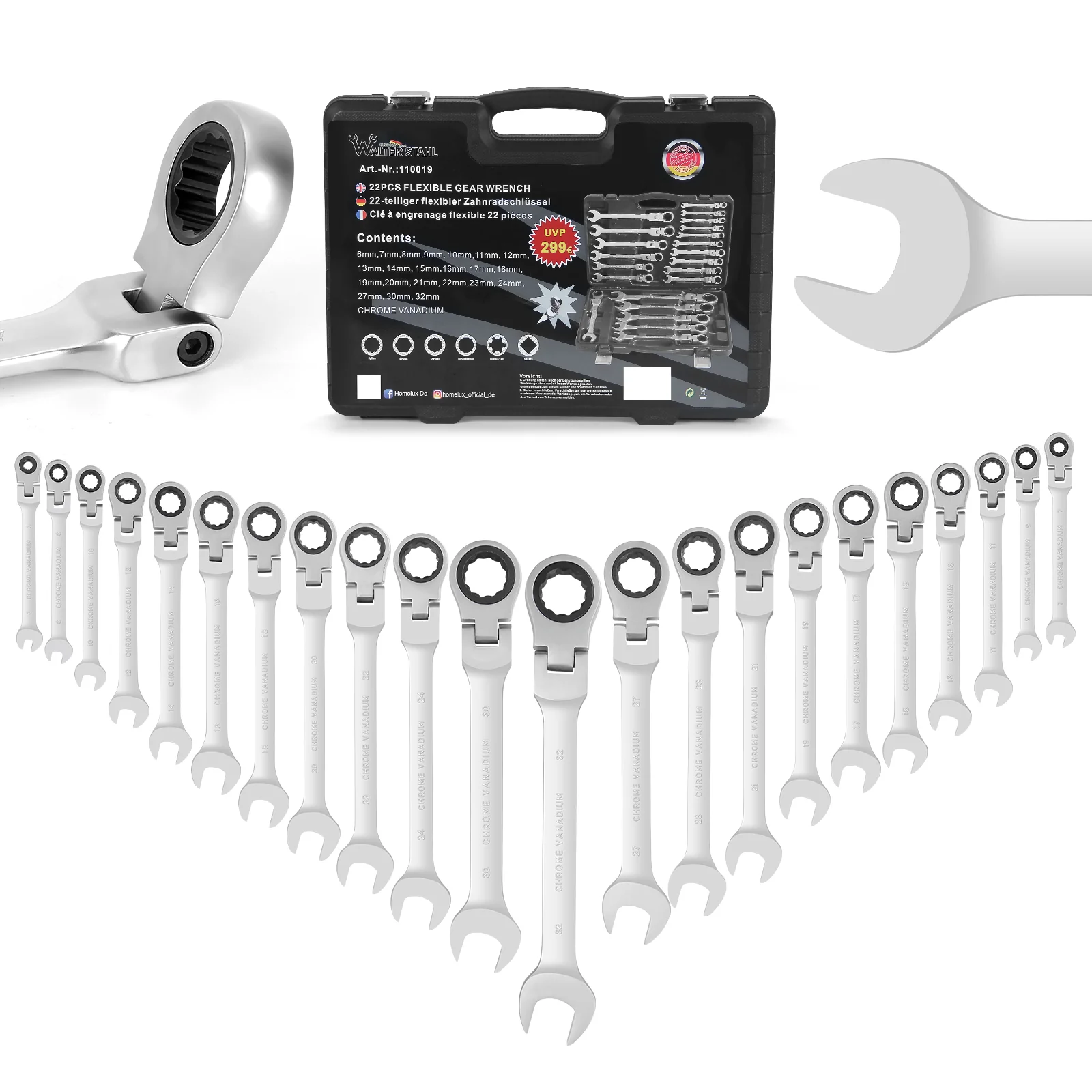 22 tlg. Gelenk Ratschenschlüssel Set 6-32mm Flexibel 72 Zähne Chrom Vanadium Knarrenschlüssel im Koffer - Image 2