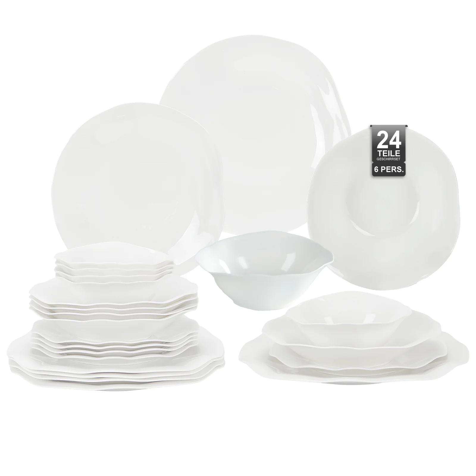 24-teiliges Keramik-Tafelgeschirr-Set für 6 Personen in elegantem Wellendesign, spülmaschinen- und mikrowellengeeignet