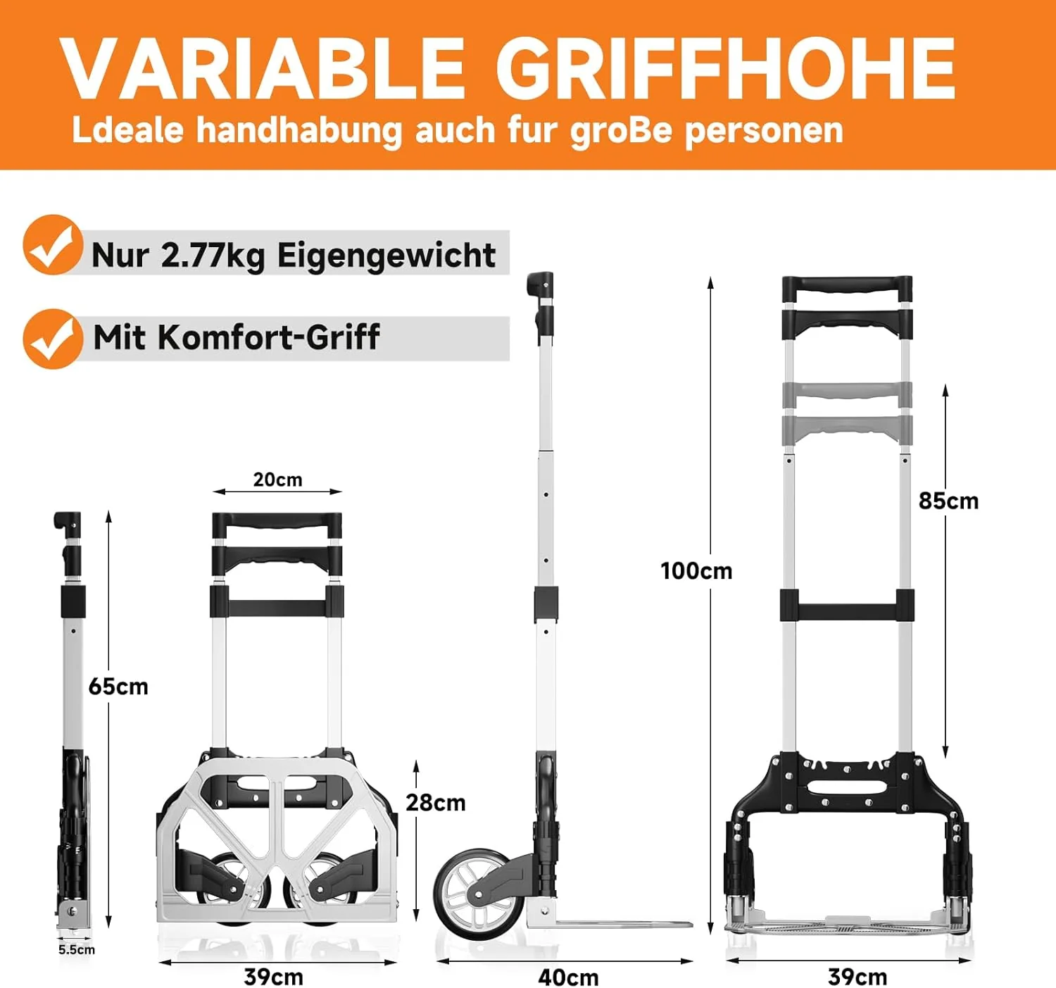 75 kg Transportkarre Höhenverstellbarer Griff, 2 Expanderseil Sackkarre klappbar Homelux Transportkarre Klappbar - Image 2