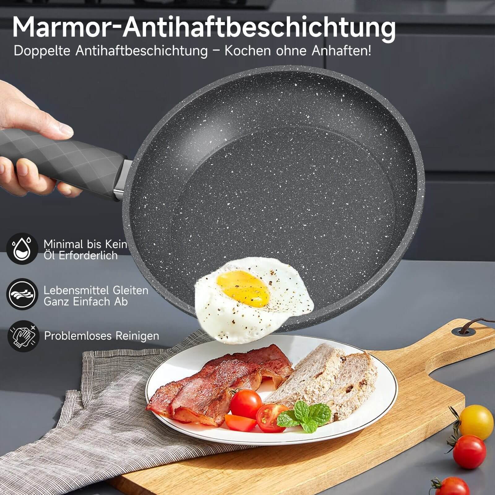 Bratpfanne 28 cm mit Spatel, beschichtete Pfanne mit Marmorbeschichtung, Induktion geeignet, hitzebeständig bis 230°C - Image 4