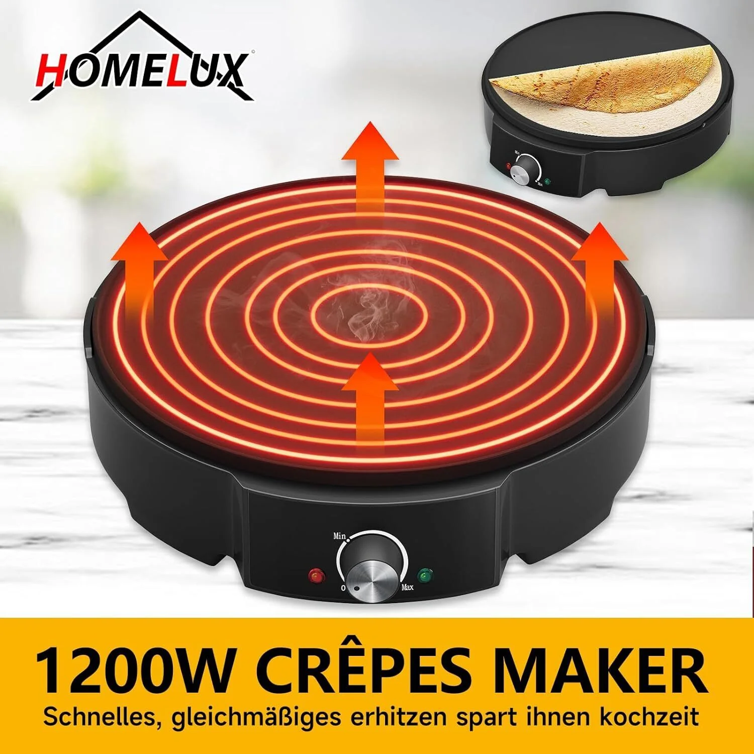 HOMELUX Crêpe Maker 1200W Vielseitig & effizient! Stufenlose Temperaturregelung, Antihaftbeschichtung, praktisches Zubehör, einfache Reinigung - Image 3