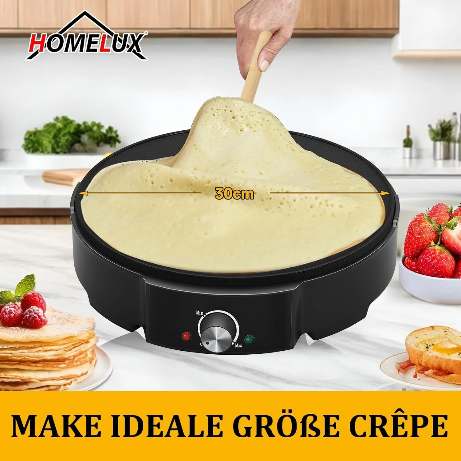 HOMELUX Crêpe Maker 1200W Vielseitig & effizient! Stufenlose Temperaturregelung, Antihaftbeschichtung, praktisches Zubehör, einfache Reinigung - Image 4