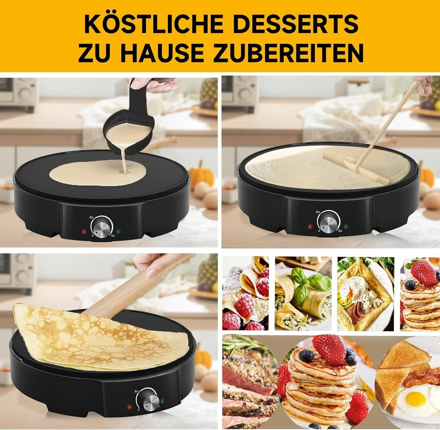 HOMELUX Crêpe Maker 1200W Vielseitig & effizient! Stufenlose Temperaturregelung, Antihaftbeschichtung, praktisches Zubehör, einfache Reinigung - Image 5