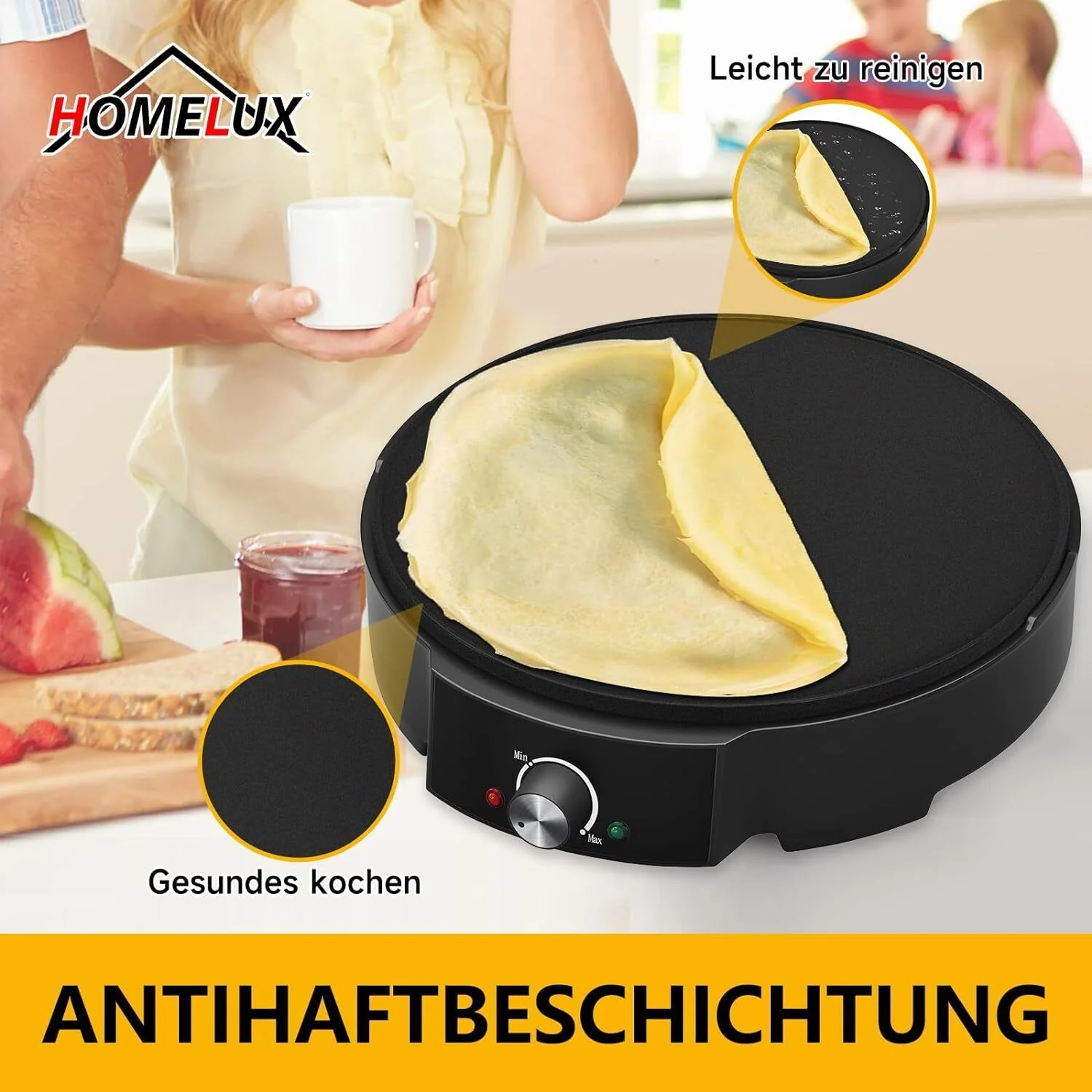 HOMELUX Crêpe Maker 1200W Vielseitig & effizient! Stufenlose Temperaturregelung, Antihaftbeschichtung, praktisches Zubehör, einfache Reinigung - Image 7