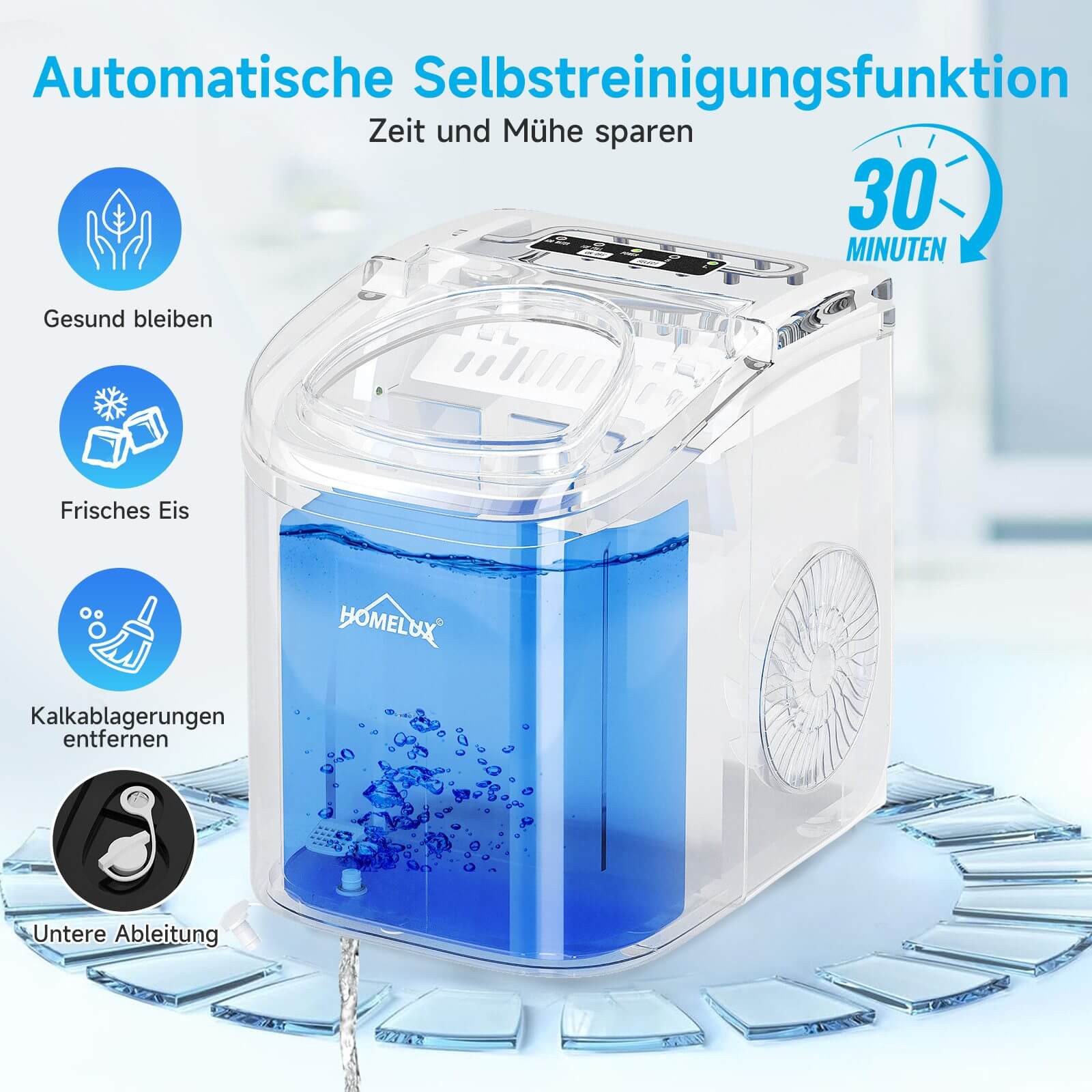 Eiswürfelmaschine 1,4 L Ice Maker, 2 wählbare Eiswürfelgrößen, 9 Eiswürfel in 6 Minuten, Selbstreinigungsfunktion Schwarz - Image 5