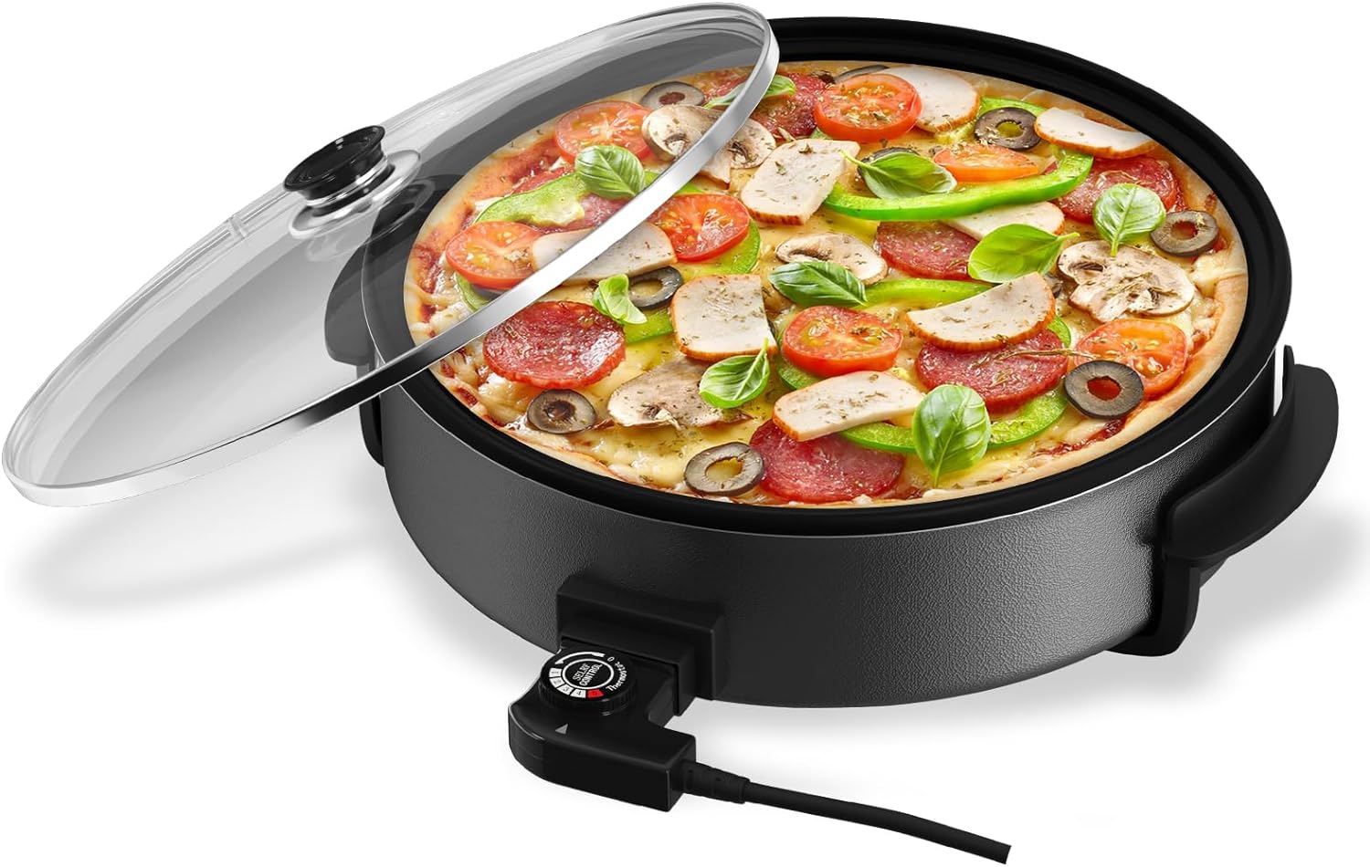 Scheffler Elektrische Pfanne: 5 Temperatureinstellungen, Pizzapfanne, Multifunktionspfanne mit Antihaftbeschichtung und Deckel - Image 2