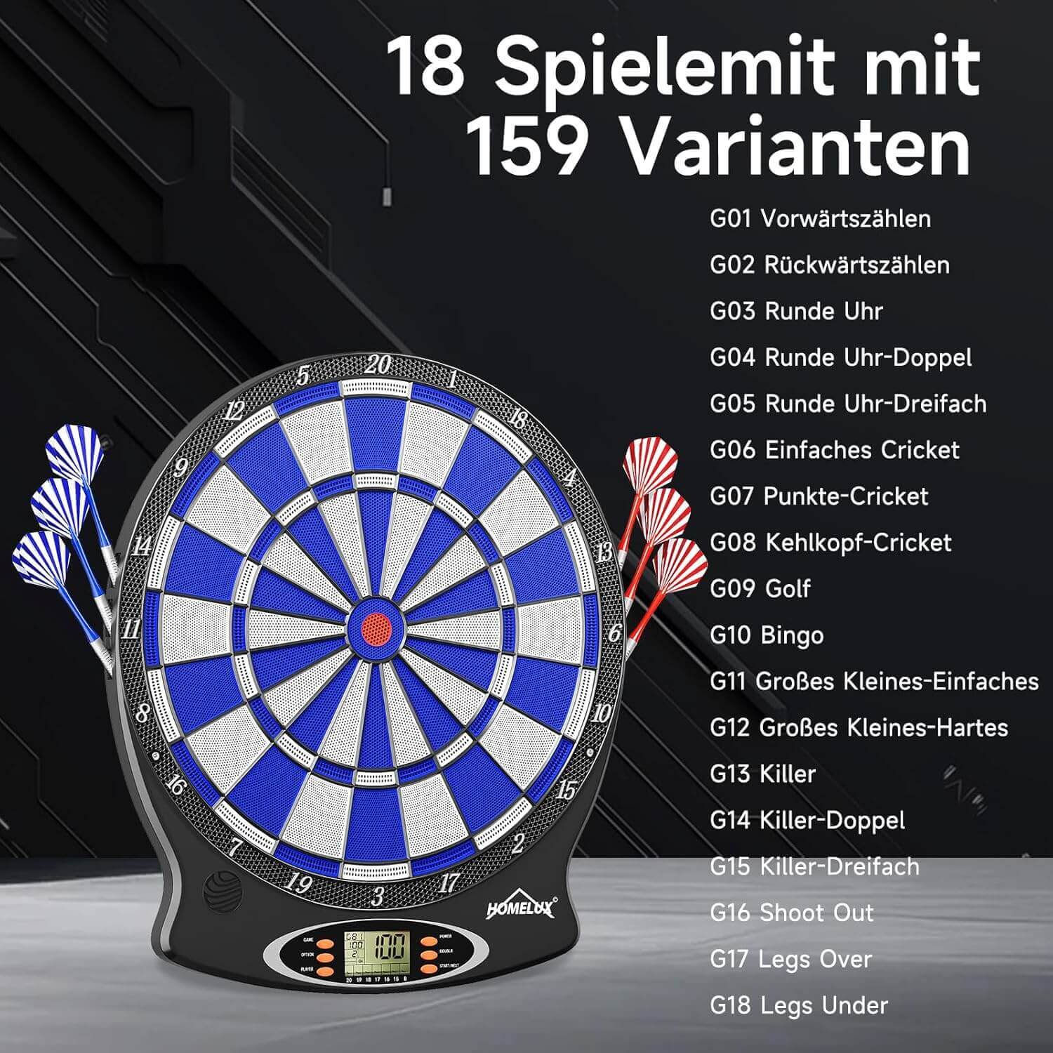 Elektronische Dartscheibe Profi, Elektronisch Dartboard mit 6 Darts + 60 Dartköpfe , innovativer Dartautomat mit 18 Spielen & 159 Variationen - Image 2