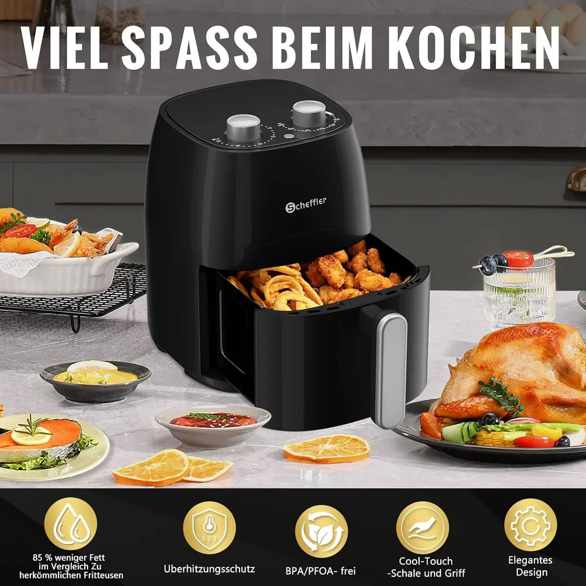 Scheffler Heißluftfritteuse Klein 4L 1500W Airfryer Mini fritteuse Kleine Größe Fritöse - Image 3