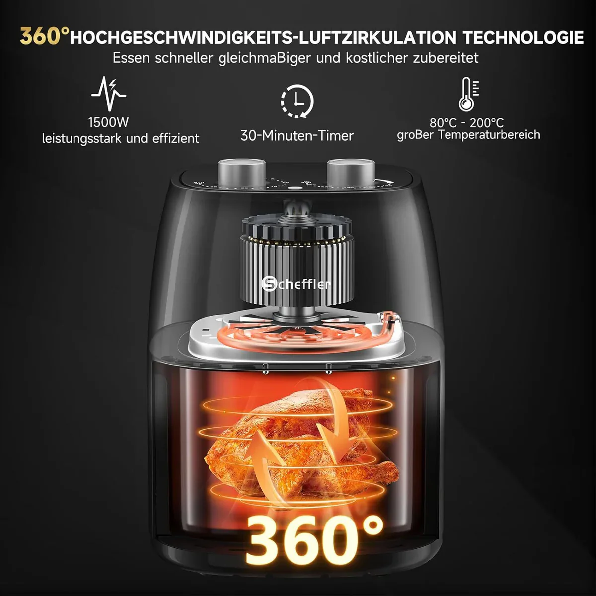 Scheffler Heißluftfritteuse Klein 4L 1500W Airfryer Mini fritteuse Kleine Größe Fritöse - Image 6