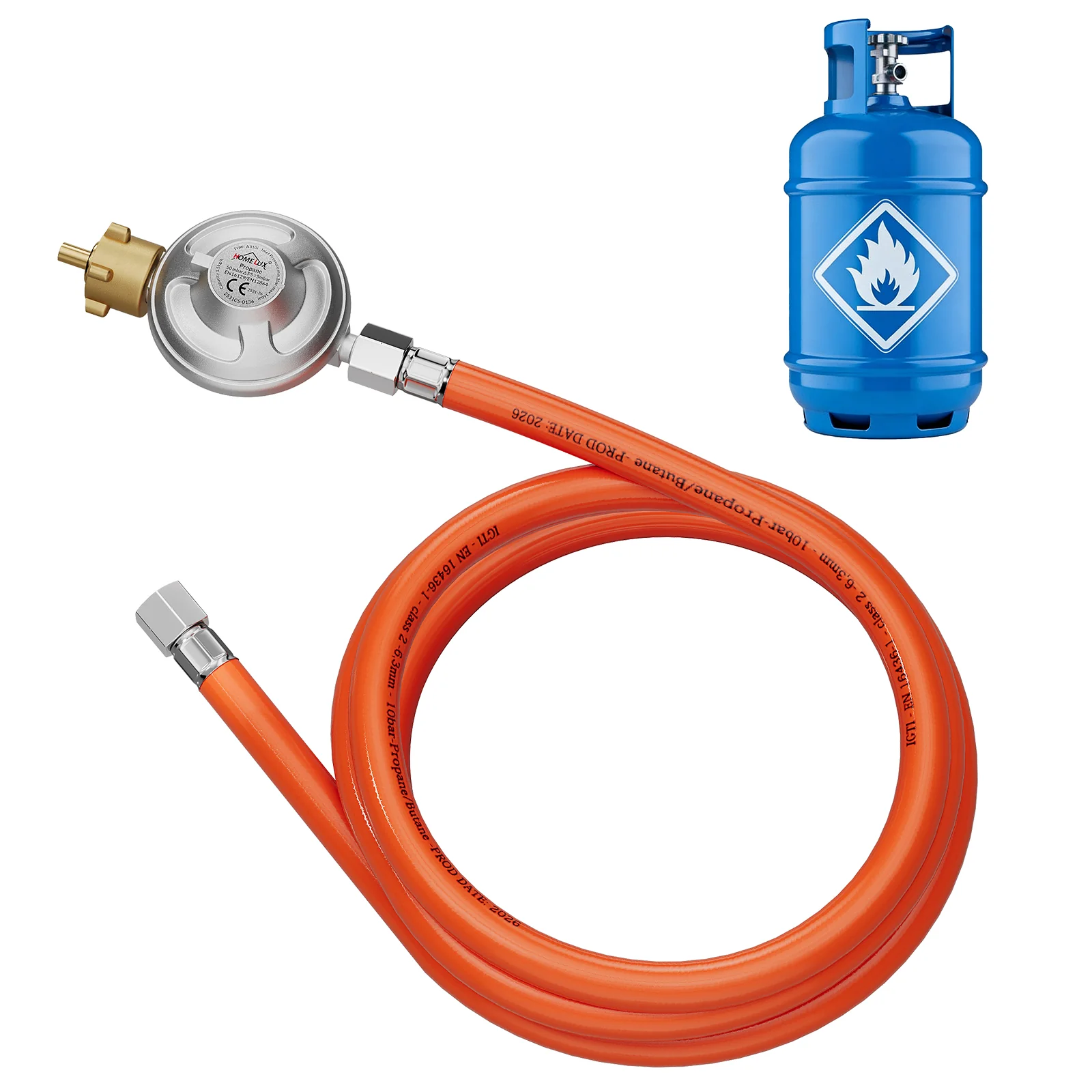 Hochwertiges Gasdruckminderer-Set 50 mbar mit 1,5m flammhemmendem Gasschlauch - Image 2