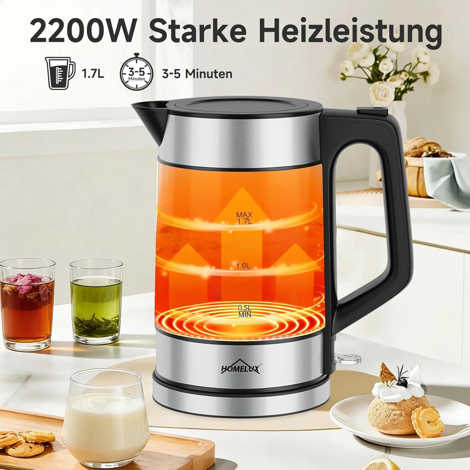 HOMELUX 1,7L Glaswasserkocher mit blauer LED, 2200W, Borosilikatglas, Edelstahl, BPA-frei, Automatische Abschaltung & Trockengehschutz - Image 2