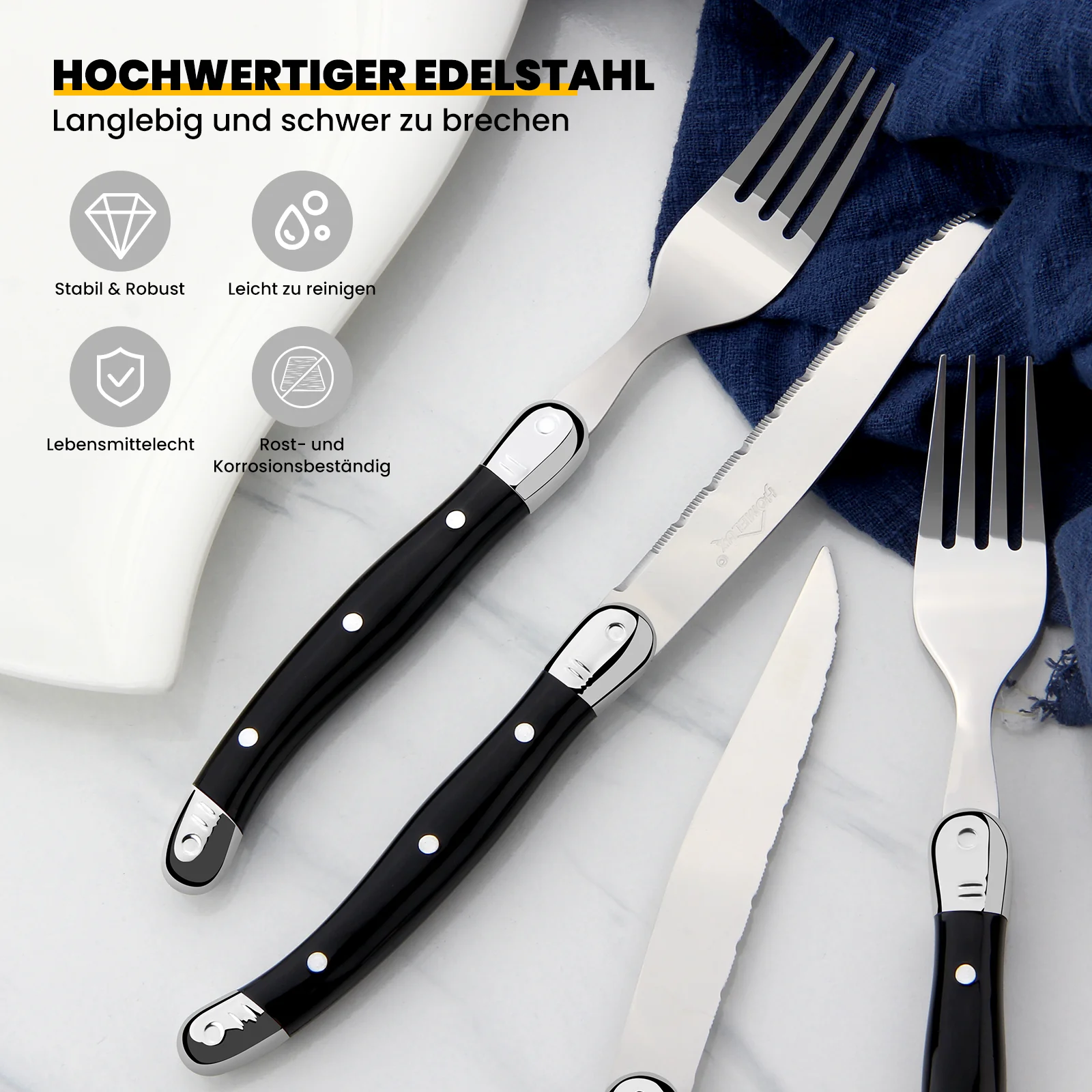 HOMELUX 12-teiliges Steakbesteck für 6 Personen, Edelstahl Besteckset mit schwarzen Griffen & edler Geschenkbox - Image 10