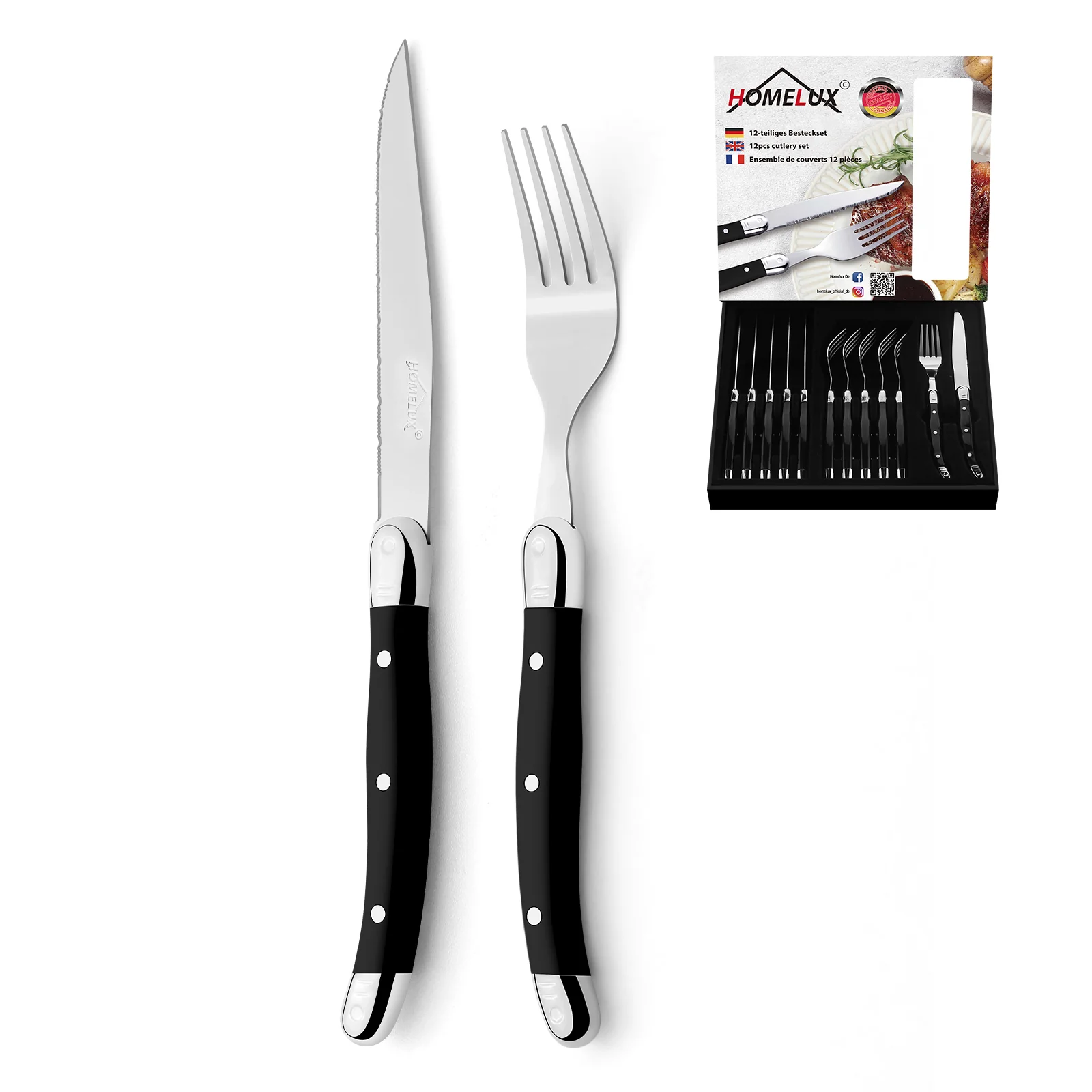 HOMELUX 12-teiliges Steakbesteck für 6 Personen, Edelstahl Besteckset mit schwarzen Griffen & edler Geschenkbox - Image 11