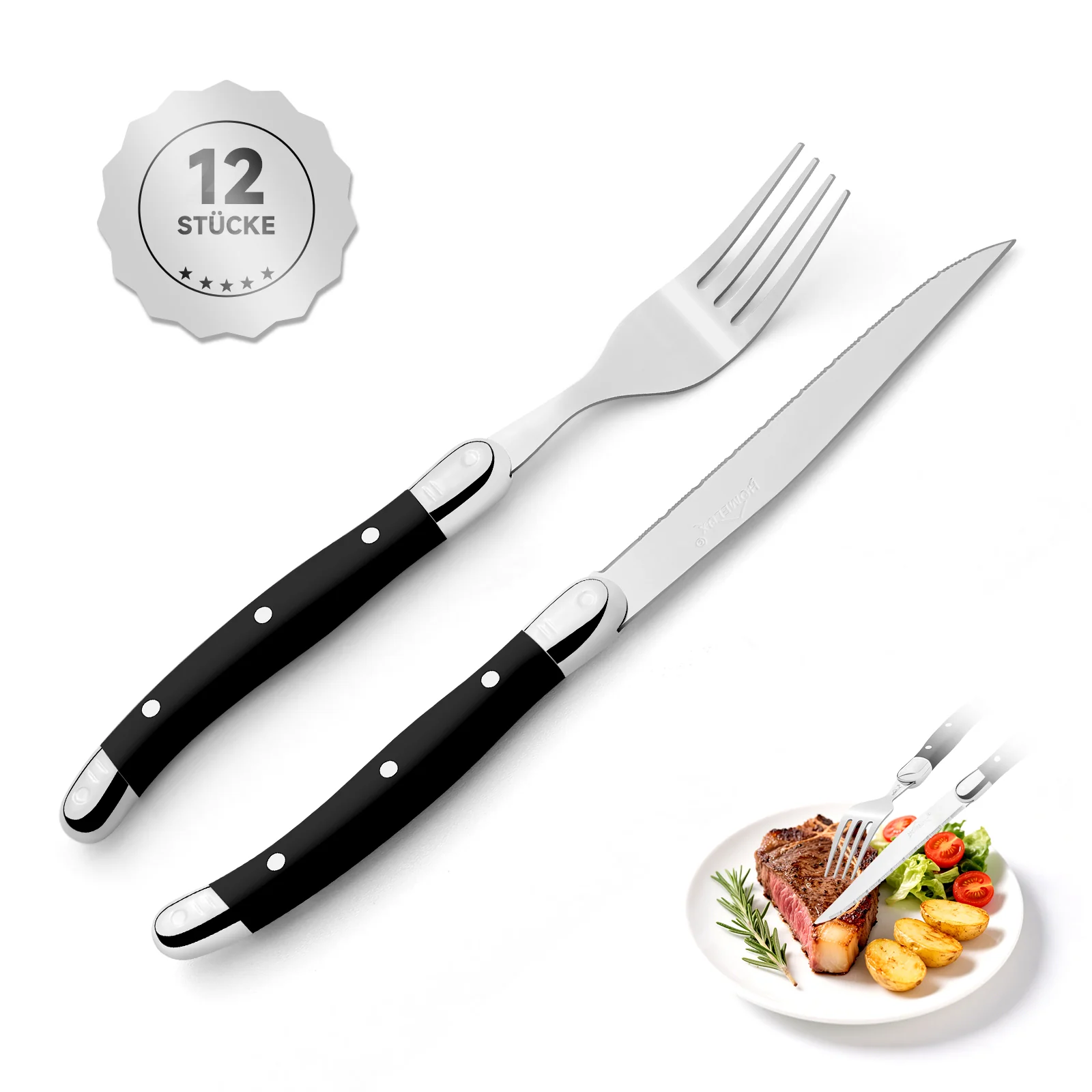 HOMELUX 12-teiliges Steakbesteck für 6 Personen, Edelstahl Besteckset mit schwarzen Griffen & edler Geschenkbox - Image 3