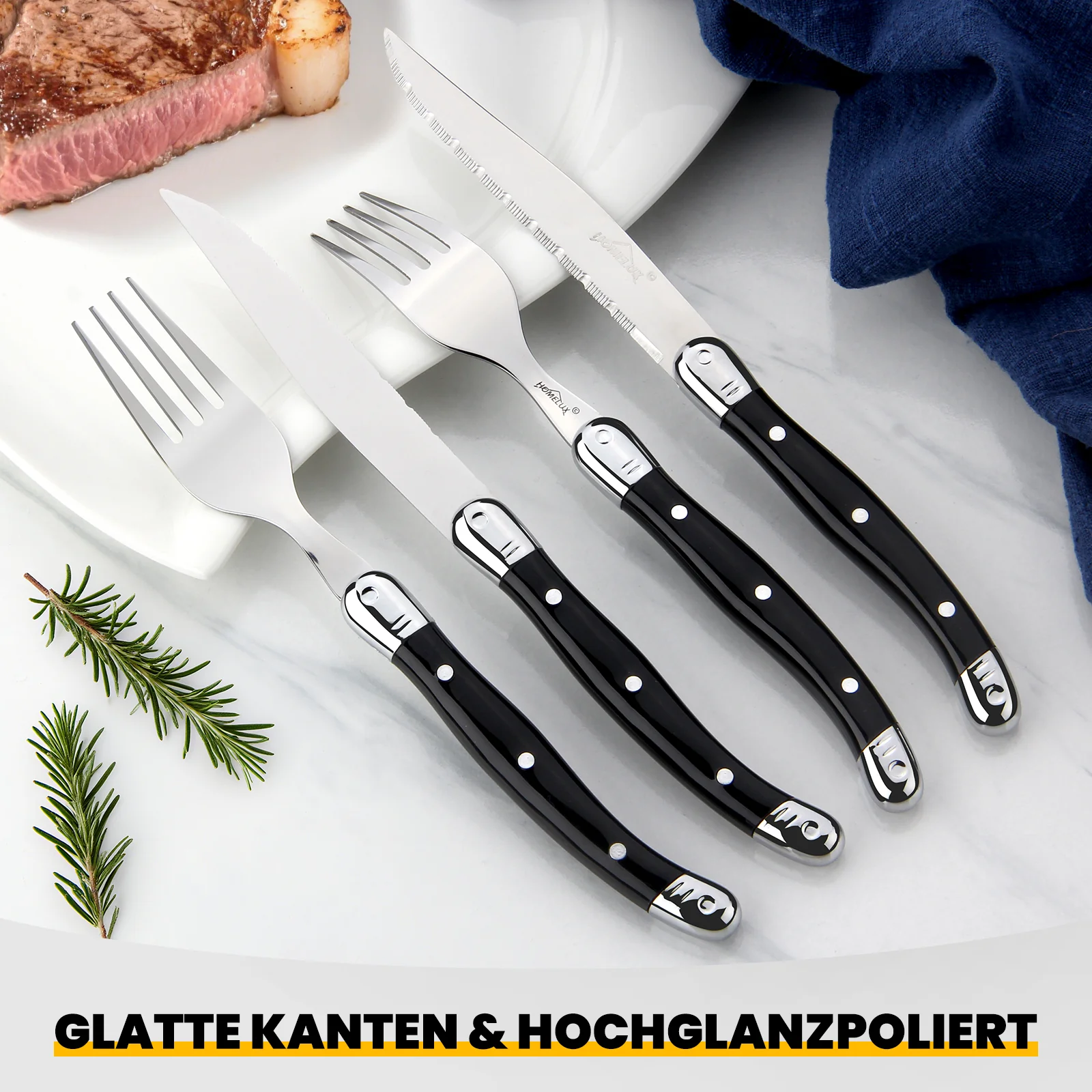 HOMELUX 12-teiliges Steakbesteck für 6 Personen, Edelstahl Besteckset mit schwarzen Griffen & edler Geschenkbox - Image 4