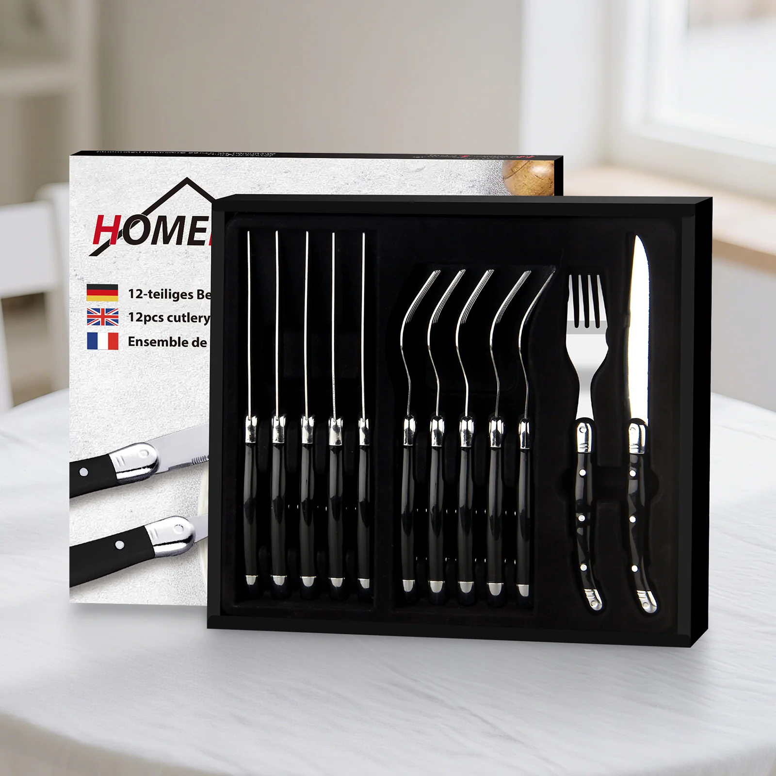 HOMELUX 12-teiliges Steakbesteck für 6 Personen, Edelstahl Besteckset mit schwarzen Griffen & edler Geschenkbox - Image 8
