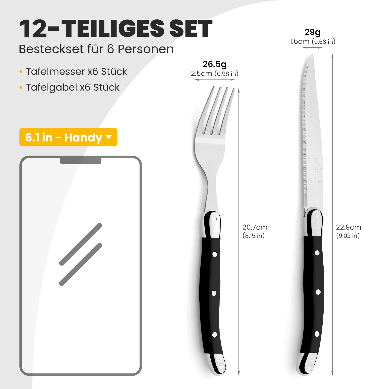 HOMELUX 12-teiliges Steakbesteck für 6 Personen, Edelstahl Besteckset mit schwarzen Griffen & edler Geschenkbox - Image 9