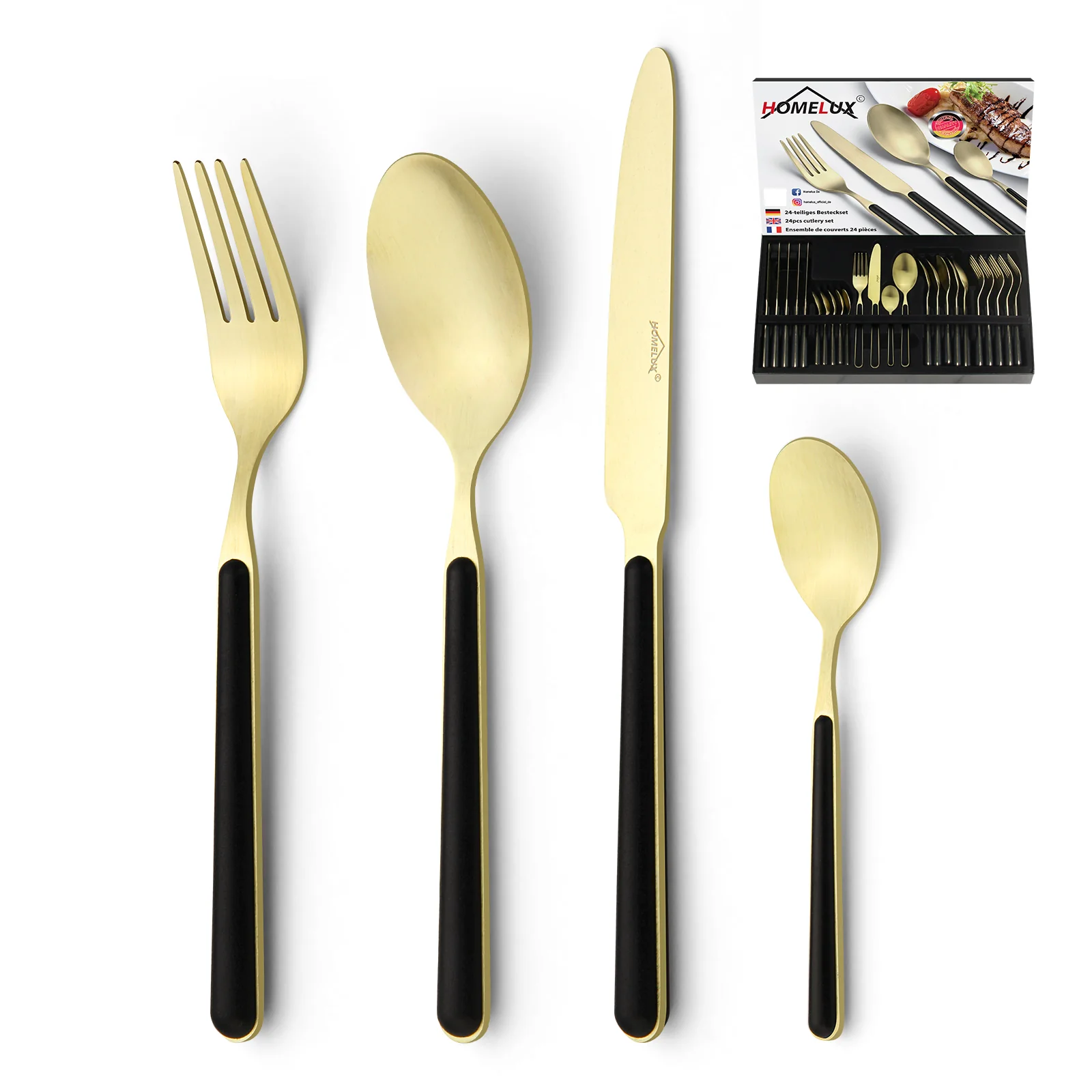HOMELUX 24-teiliges Besteckset für 6 Personen, Edelstahl Tafelbesteck Schwarz-Gold, spülmaschinenfest, mit Geschenkbox - Image 3