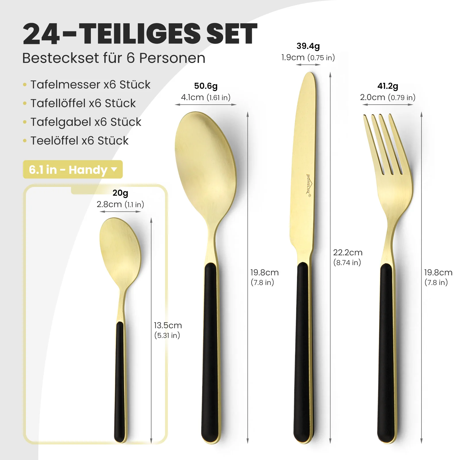 HOMELUX 24-teiliges Besteckset für 6 Personen, Edelstahl Tafelbesteck Schwarz-Gold, spülmaschinenfest, mit Geschenkbox - Image 4