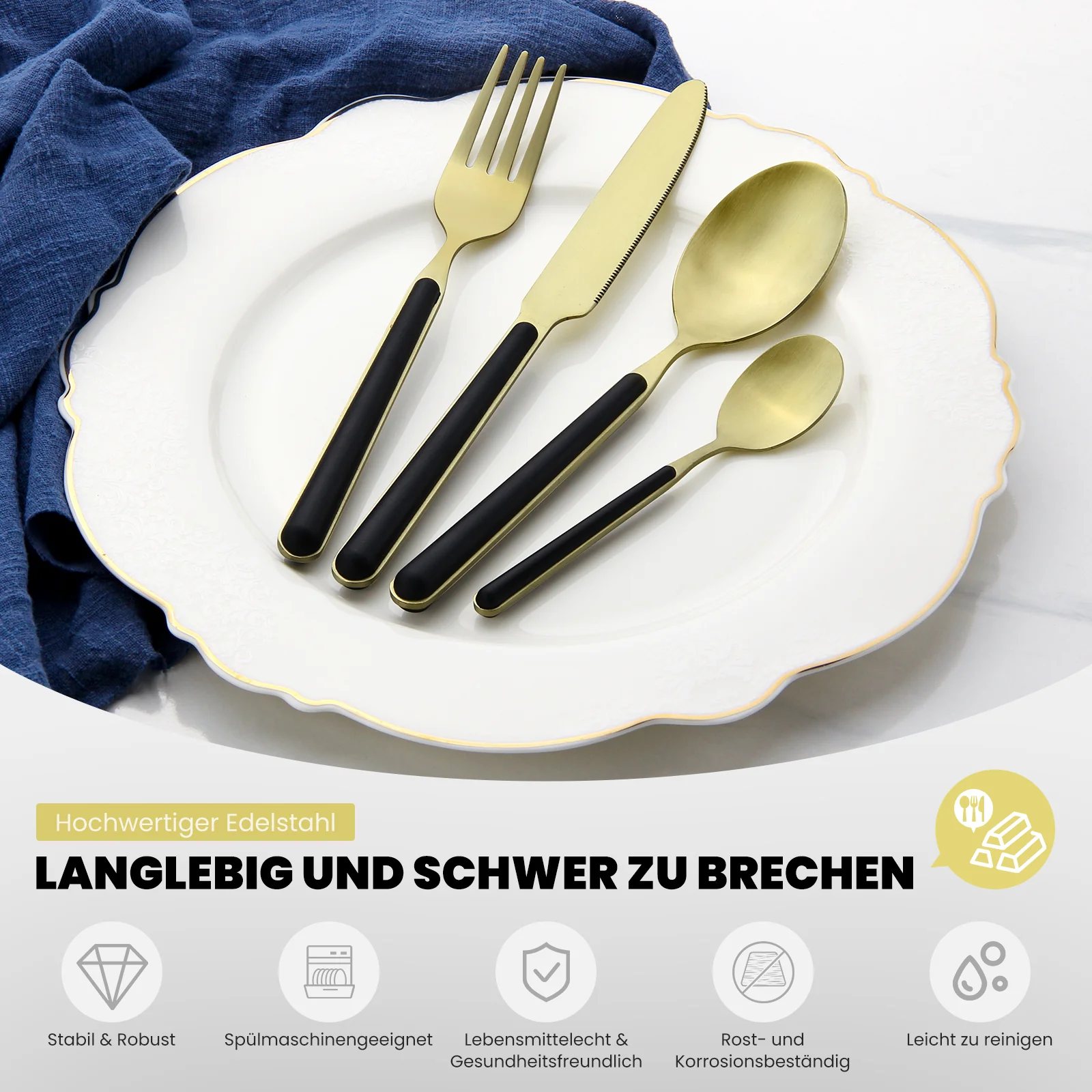 HOMELUX 24-teiliges Besteckset für 6 Personen, Edelstahl Tafelbesteck Schwarz-Gold, spülmaschinenfest, mit Geschenkbox - Image 5