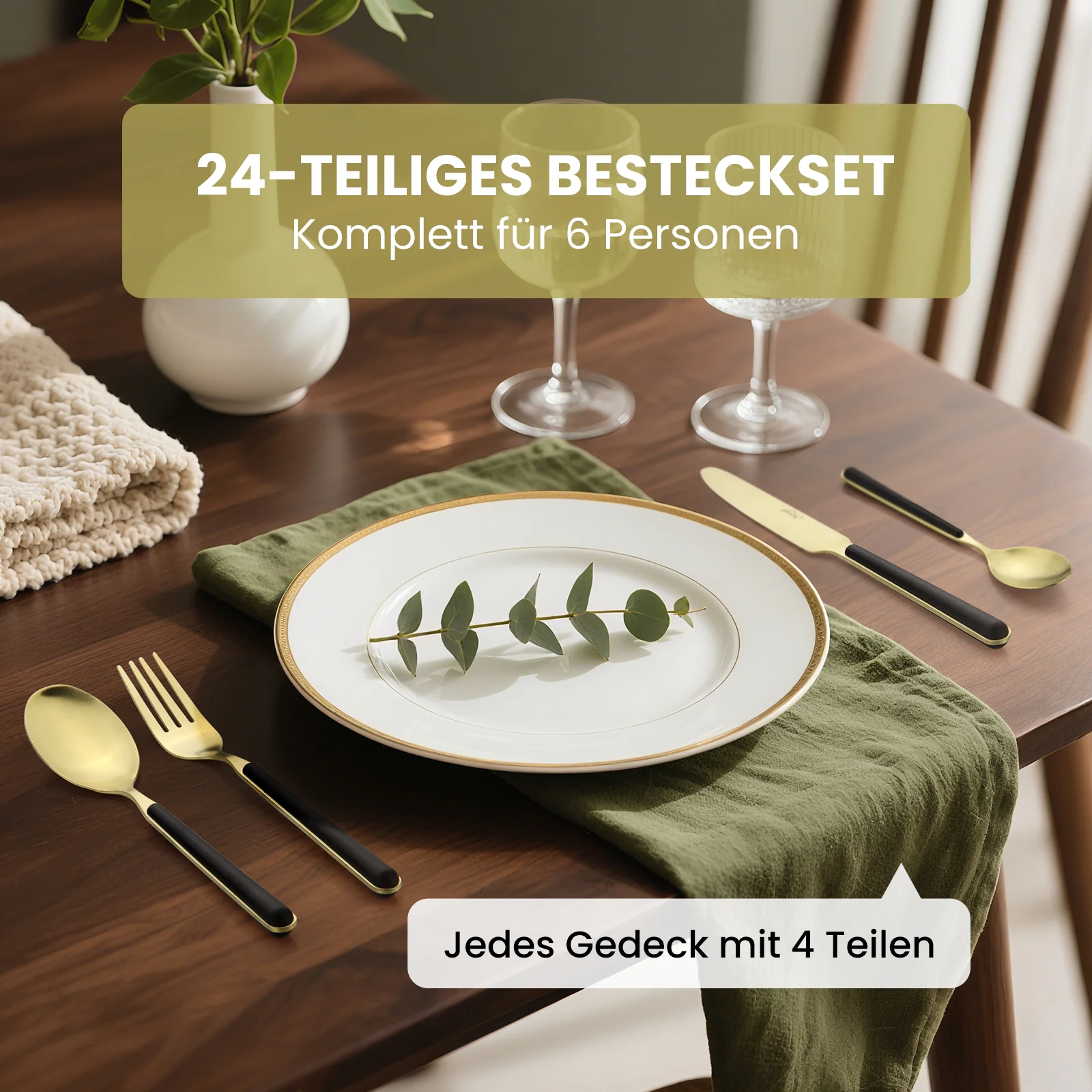 HOMELUX 24-teiliges Besteckset für 6 Personen, Edelstahl Tafelbesteck Schwarz-Gold, spülmaschinenfest, mit Geschenkbox - Image 9