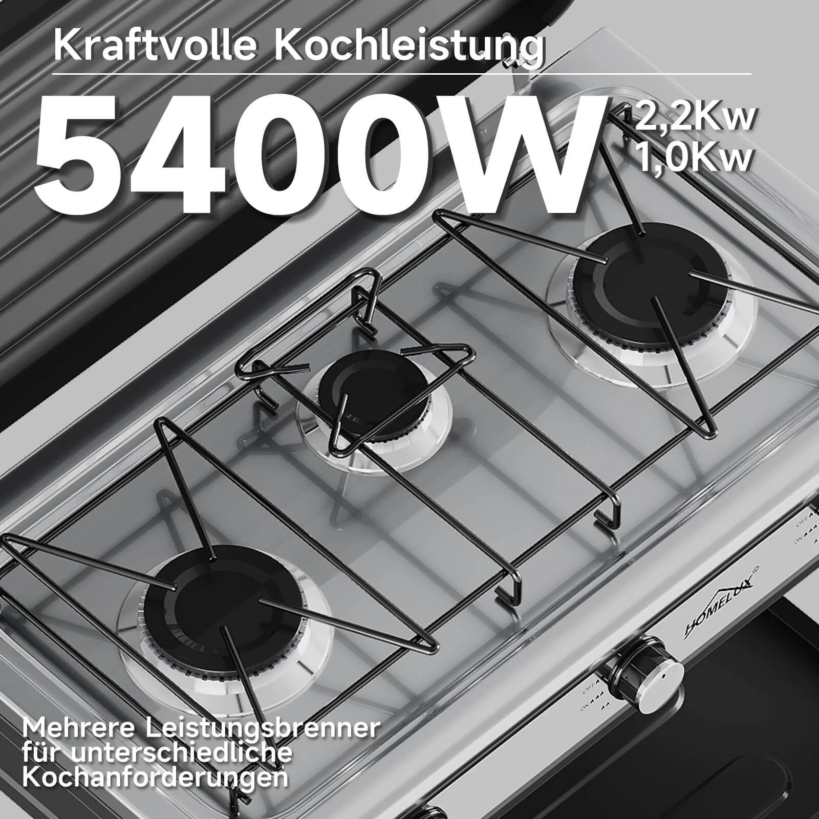 HOMELUX 3-flammiger 5,4 kW Gaskocher Camping Gaskocher mit Regalen mit 1,5 m Anschlussschlauch und 50 mbar Druckminderer - Image 2