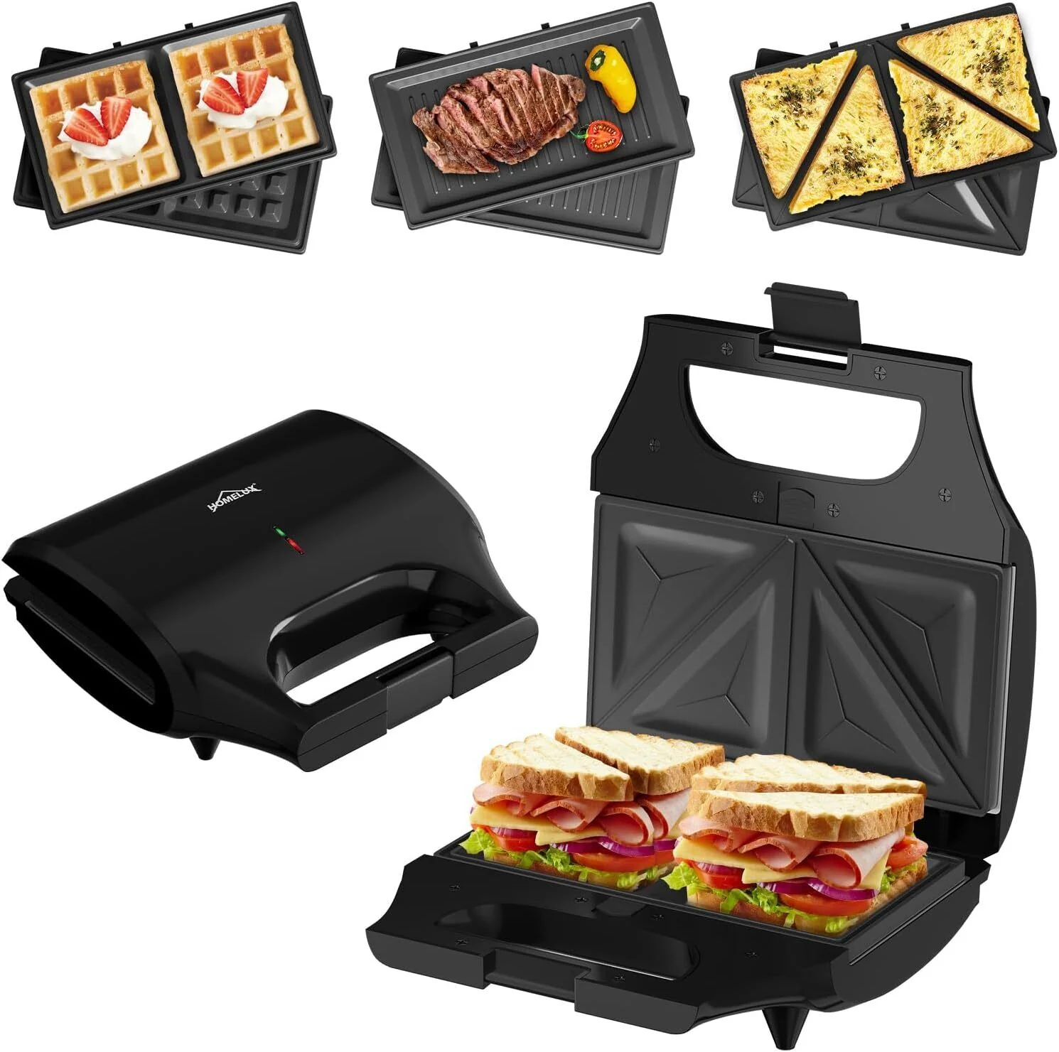 3-in-1 Sandwichtoaster & Waffeleisen von HOMELUX Kontaktgrill & Paninipresse, Antihaftbeschichtung, Leicht zu Reinigen - Image 3