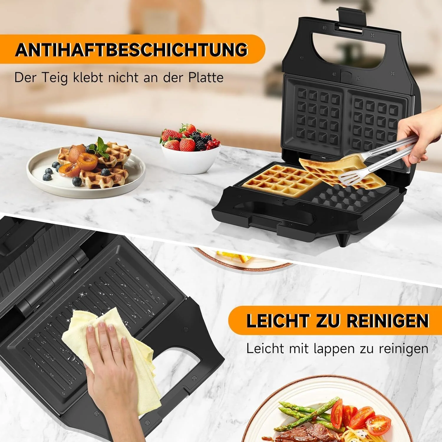 3-in-1 Sandwichtoaster & Waffeleisen von HOMELUX Kontaktgrill & Paninipresse, Antihaftbeschichtung, Leicht zu Reinigen - Image 8