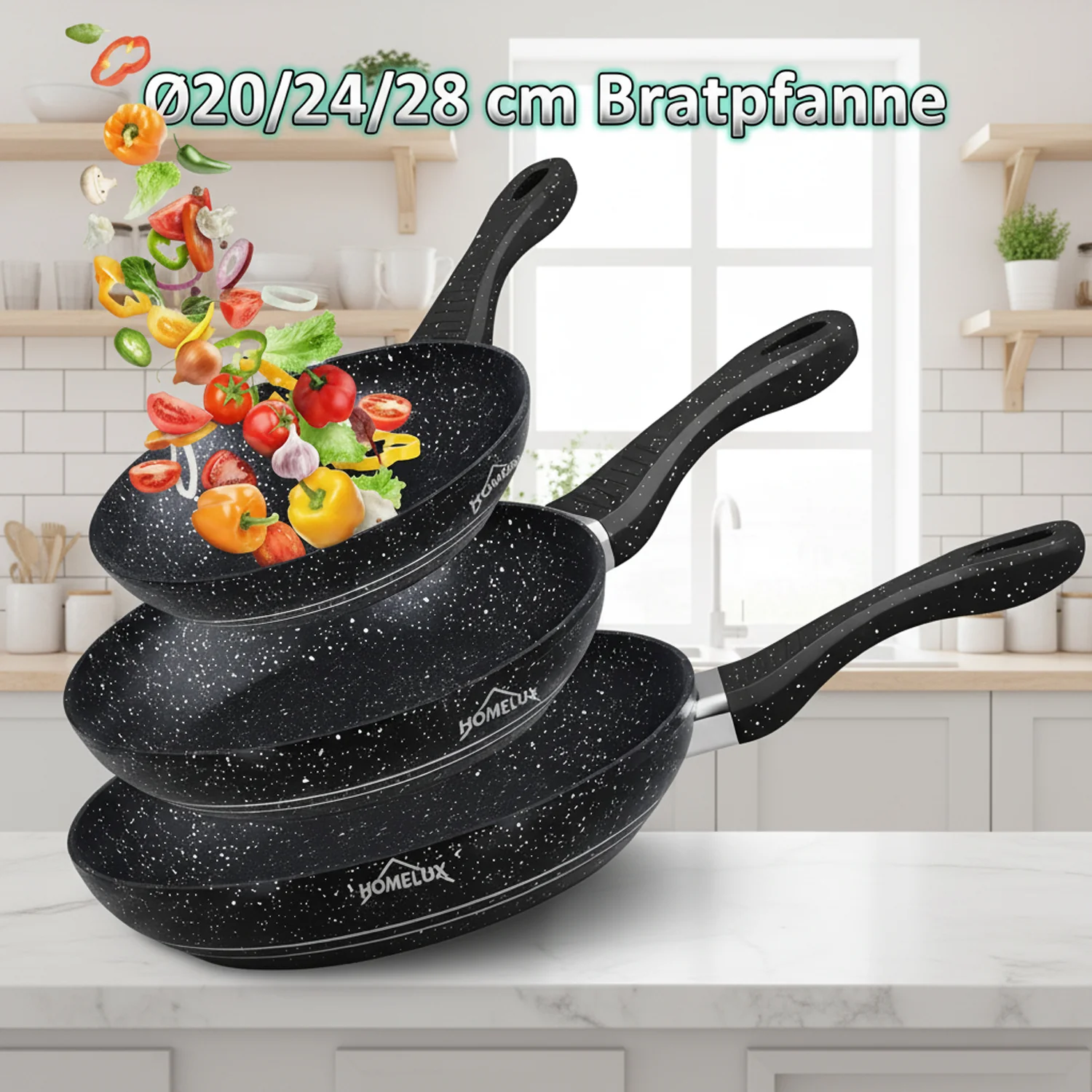 HOMELUX 3-teiliges Bratpfannen-Set Ø20/24/28cm, kratzfeste Antihaftbeschichtung, Induktion, für alle Herdarten geeignet - Image 2