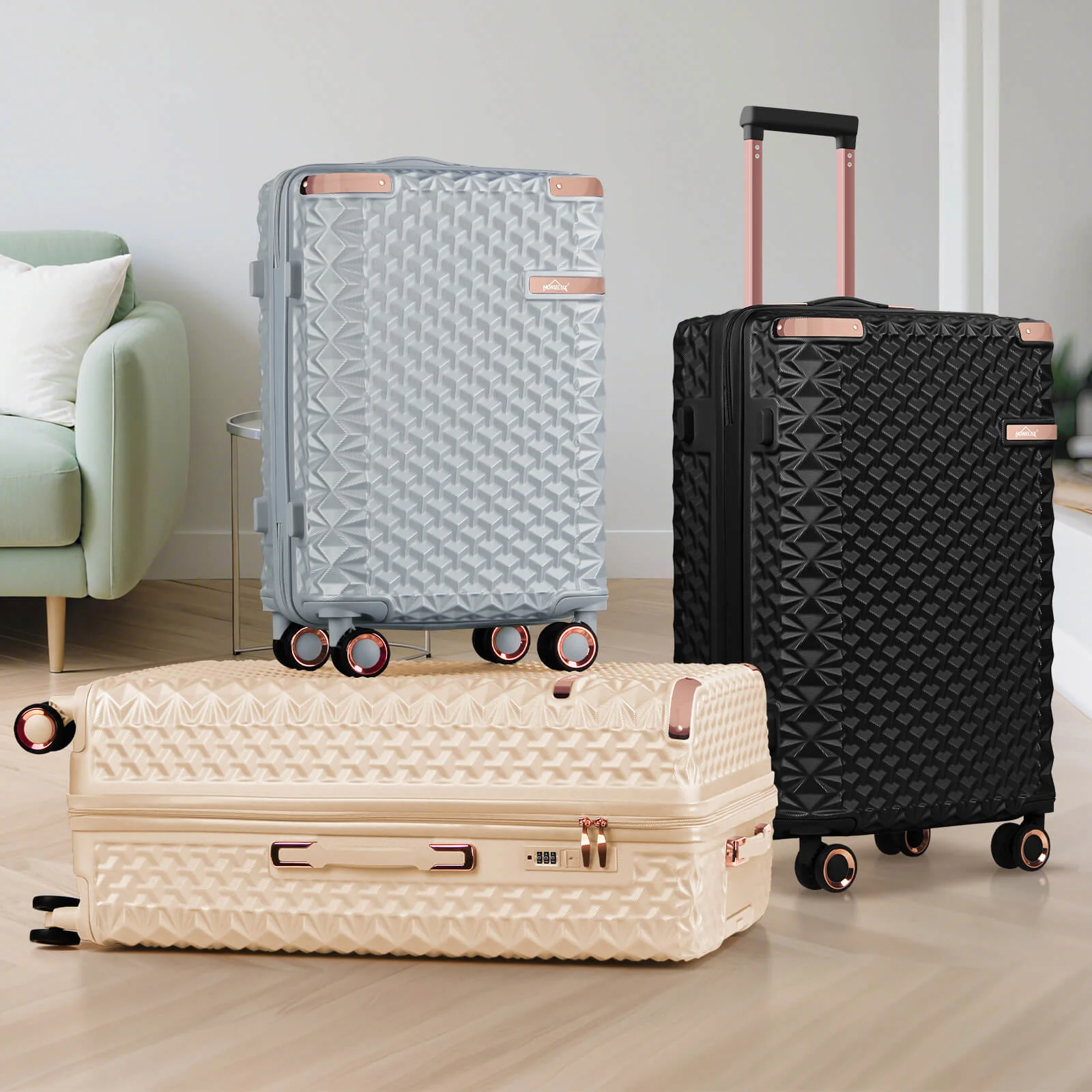 HOMELUX 3-teiliges Kofferset , Hartschalen-Reisekoffer, Leicht, ABS, Trolley-Rollkoffer, M-L-XL Hartschalenkoffer-Set - Image 2