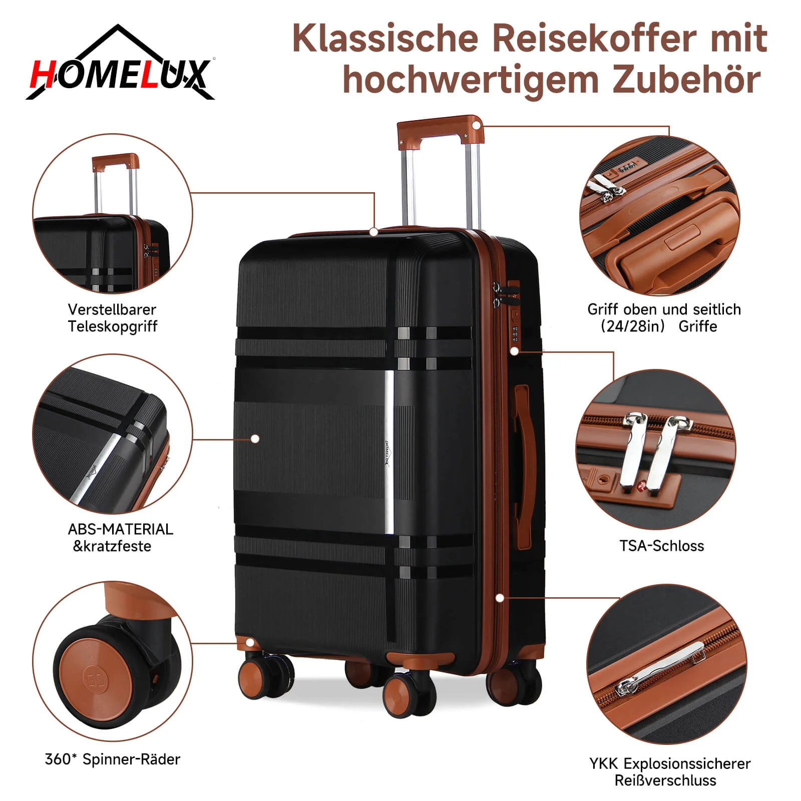 HOMELUX 3-teiliges Kofferset Schwarz Hartschale ABS Leicht Trolley Rollkoffer Hartschalenkoffer Set – M-L-XL - Image 2