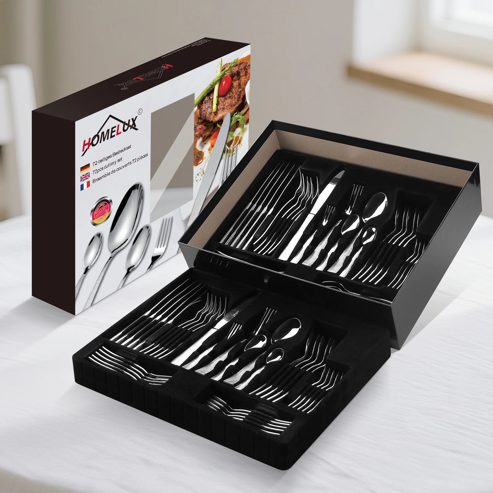 HOMELUX 72-teiliges Besteckset für 12 Personen aus Edelstahl, gehämmertes Design, hochglanzpoliert, spülmaschinenfest - Image 12
