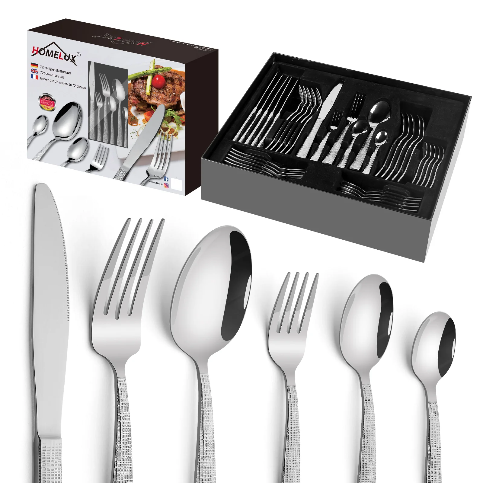 HOMELUX 72-teiliges Besteckset für 12 Personen aus Edelstahl, gehämmertes Design, hochglanzpoliert, spülmaschinenfest - Image 5