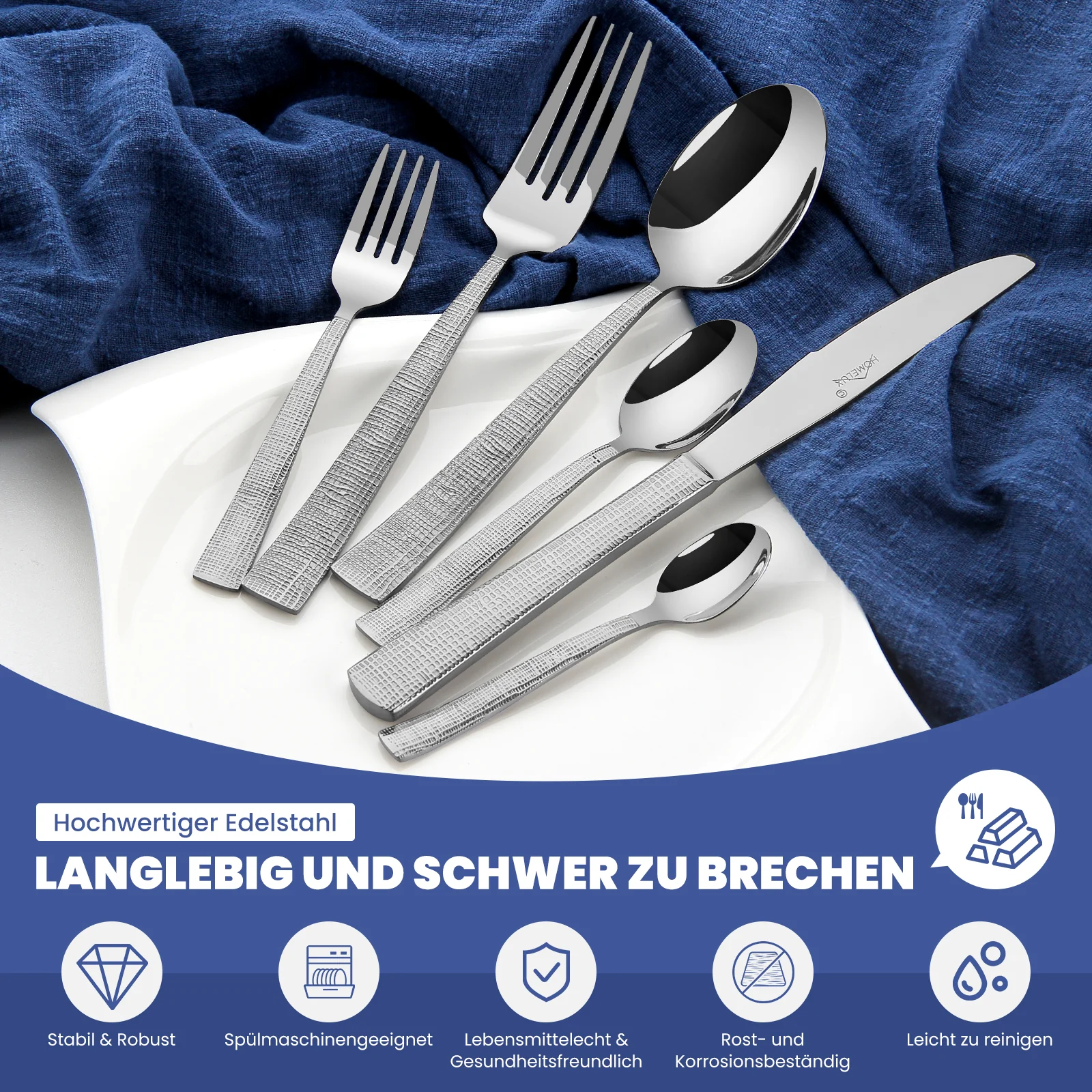 HOMELUX 72-teiliges Besteckset für 12 Personen aus Edelstahl, gehämmertes Design, hochglanzpoliert, spülmaschinenfest - Image 7