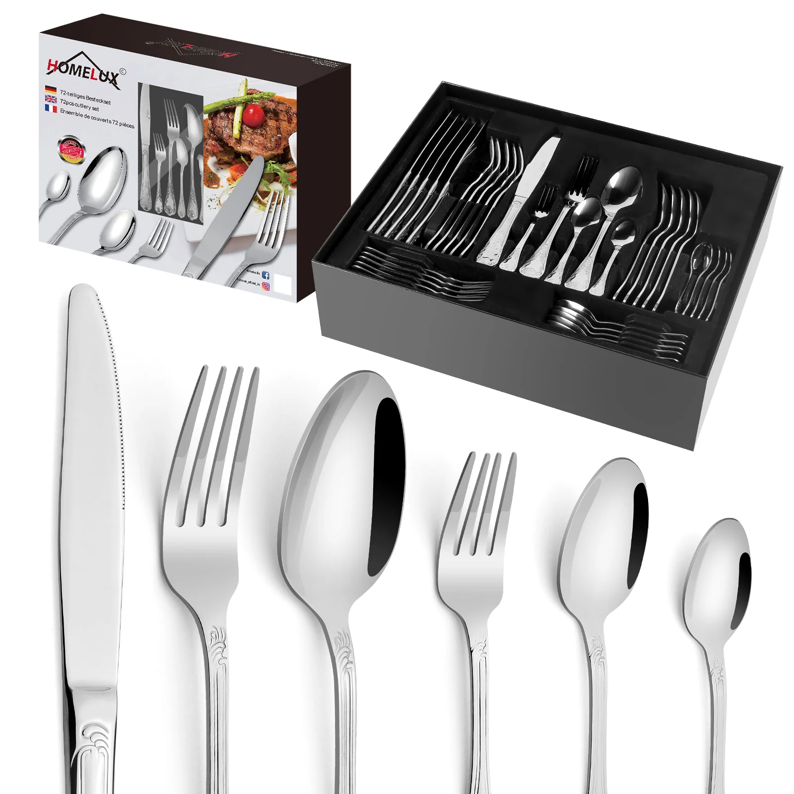 HOMELUX 72-teiliges Besteckset für 12 Personen aus Edelstahl, spülmaschinenfestes Tafelbesteck in edler Geschenkbox - Image 6