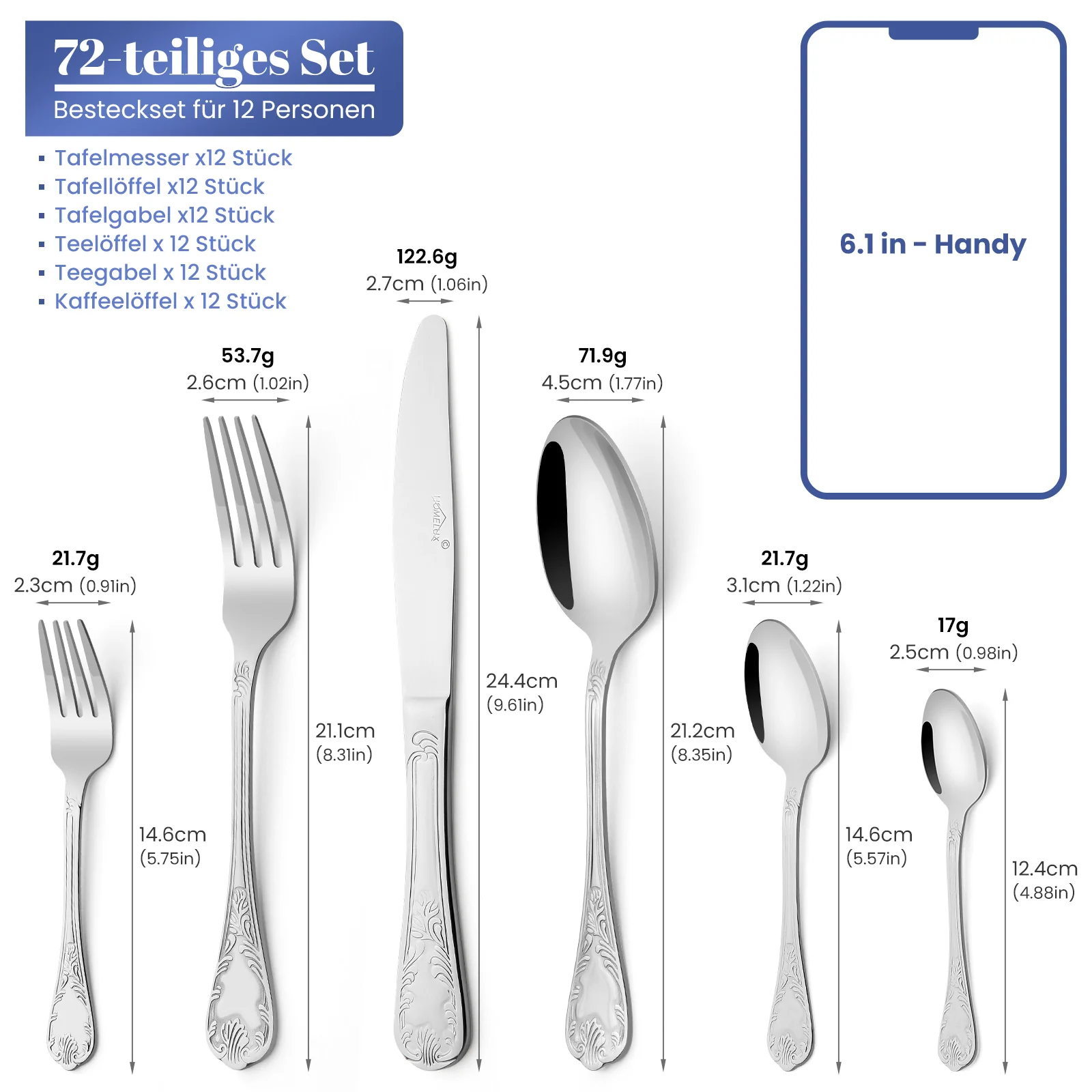 HOMELUX 72-teiliges Besteckset für 12 Personen aus Edelstahl, spülmaschinenfestes Tafelbesteck in edler Geschenkbox - Image 7