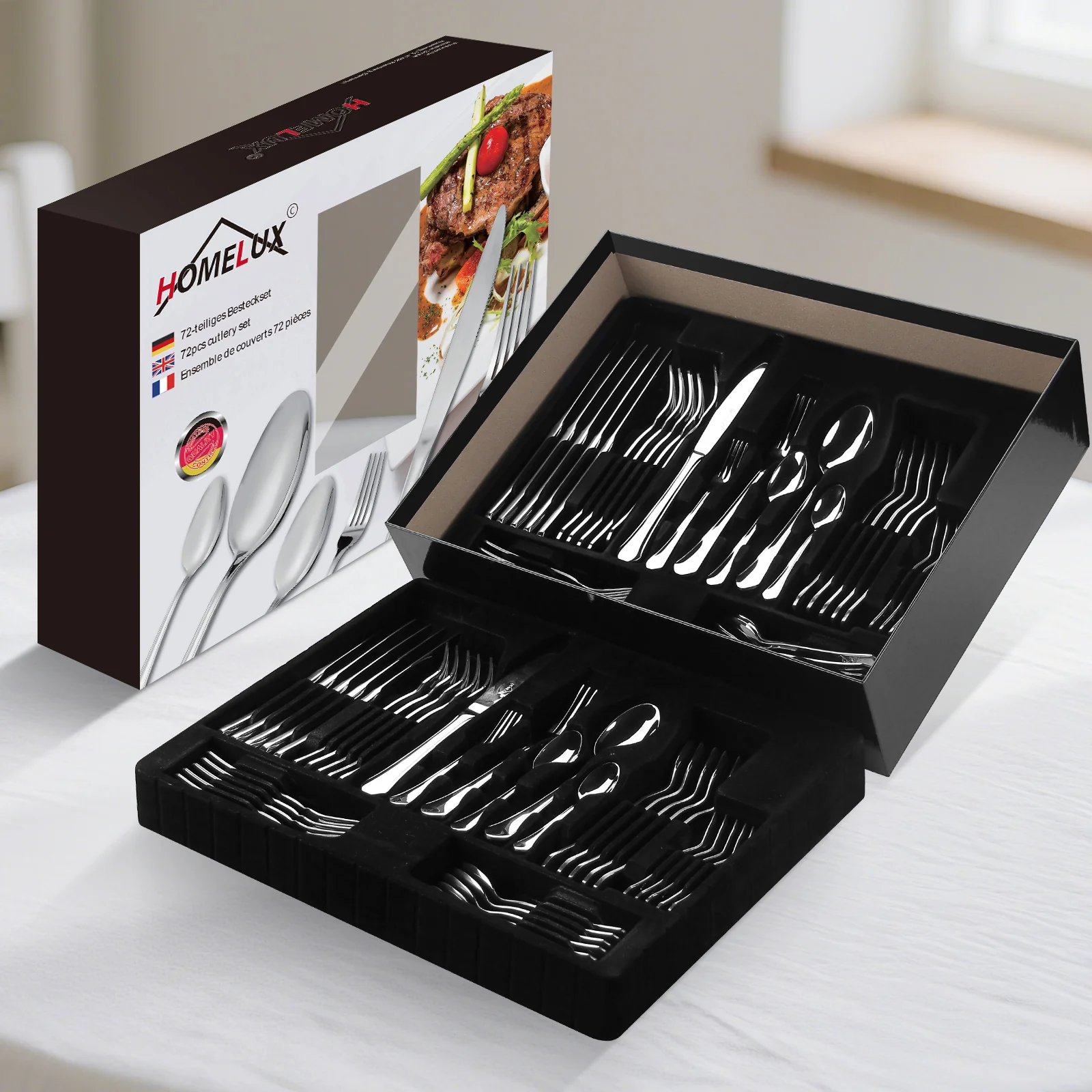 Homelux 72-teiliges Besteckset für 12 Personen, Edelstahl rostfrei, spülmaschinenfest, hochglanzpoliertes Tafelbesteck in Box - Image 12
