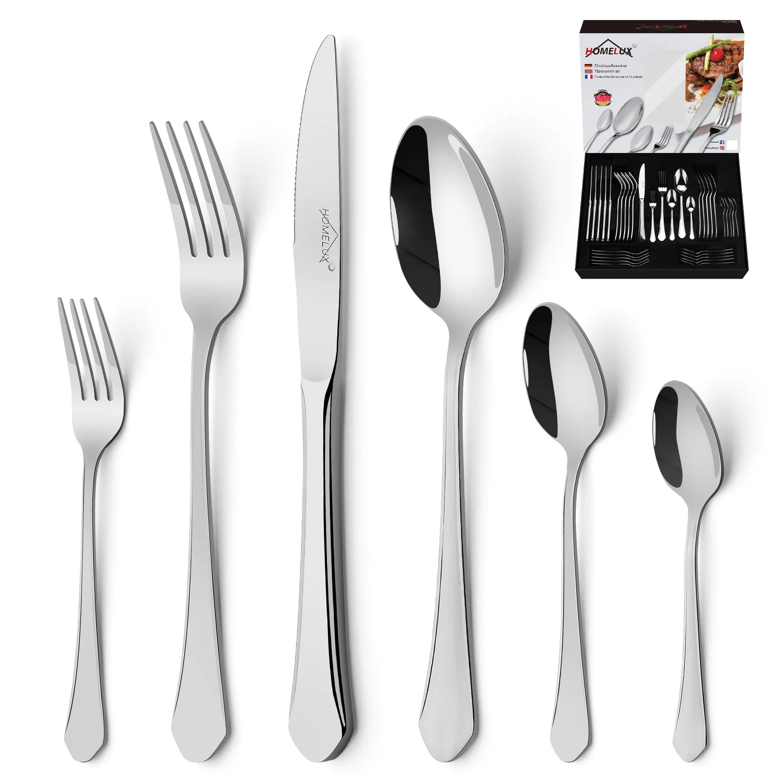 Homelux 72-teiliges Besteckset für 12 Personen, Edelstahl rostfrei, spülmaschinenfest, hochglanzpoliertes Tafelbesteck in Box - Image 2