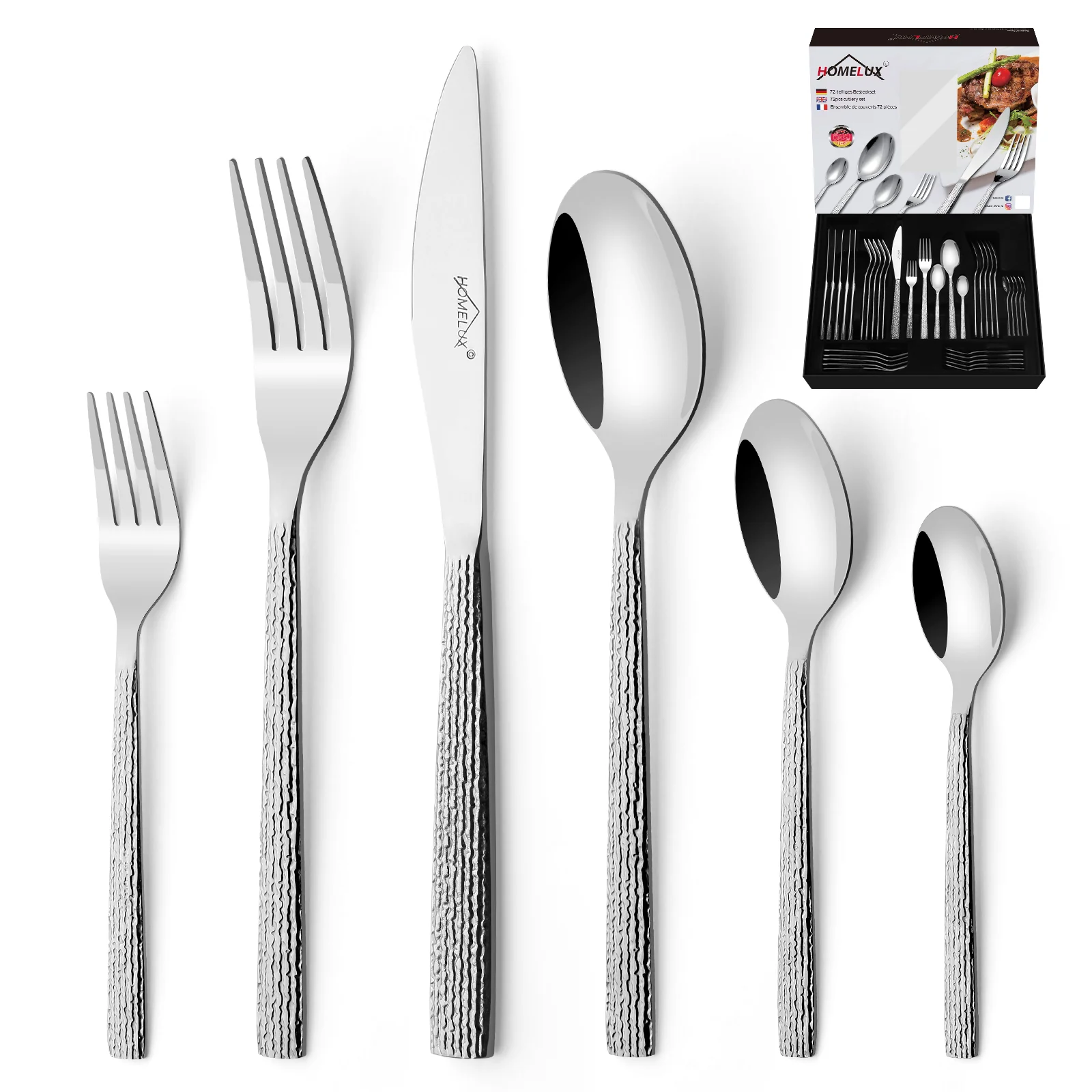 HOMELUX 72-teiliges Besteckset für 12 Personen, Edelstahl Tafelbesteck, Gehämmertes Design, Spülmaschinenfest - Image 11