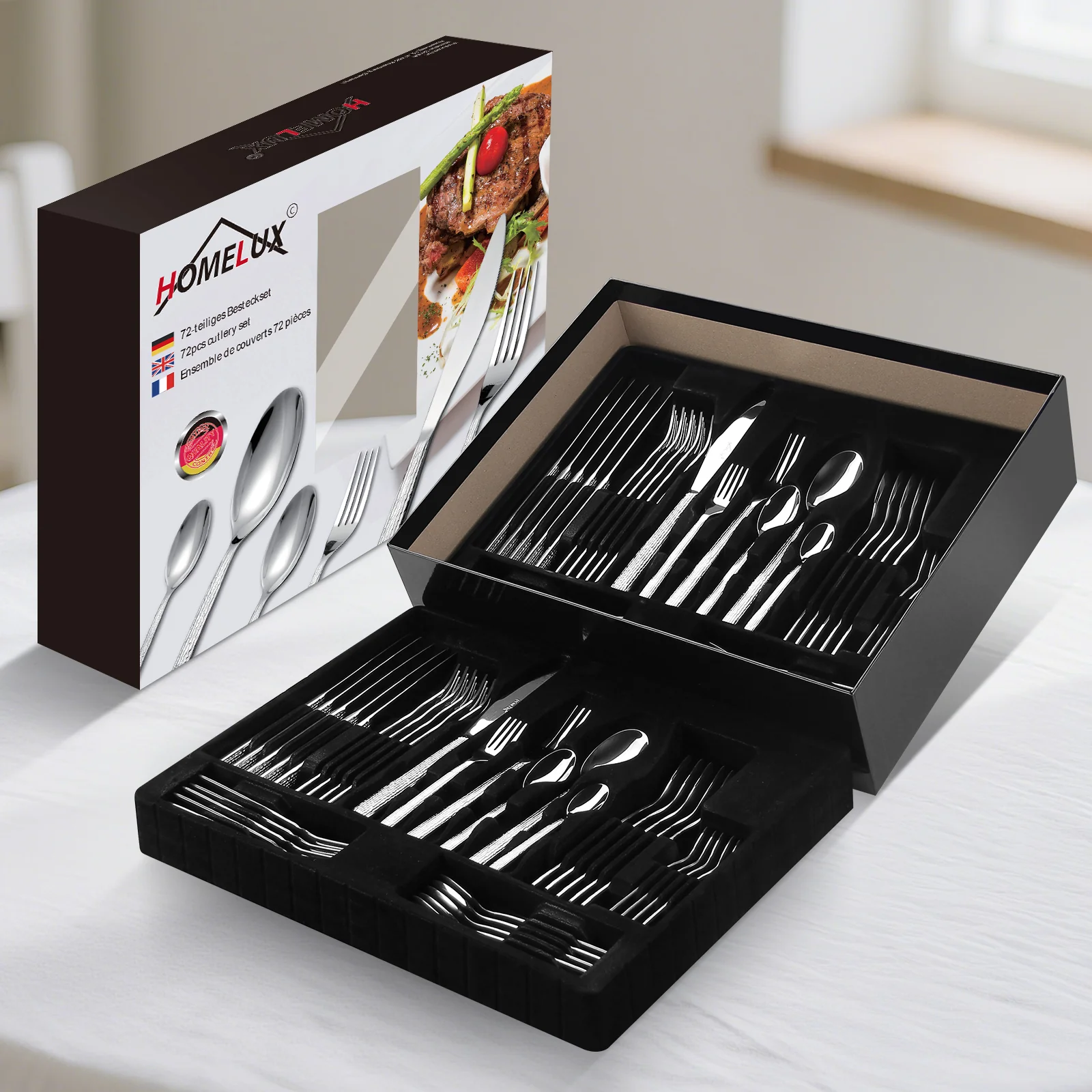 HOMELUX 72-teiliges Besteckset für 12 Personen, Edelstahl Tafelbesteck, Gehämmertes Design, Spülmaschinenfest - Image 12