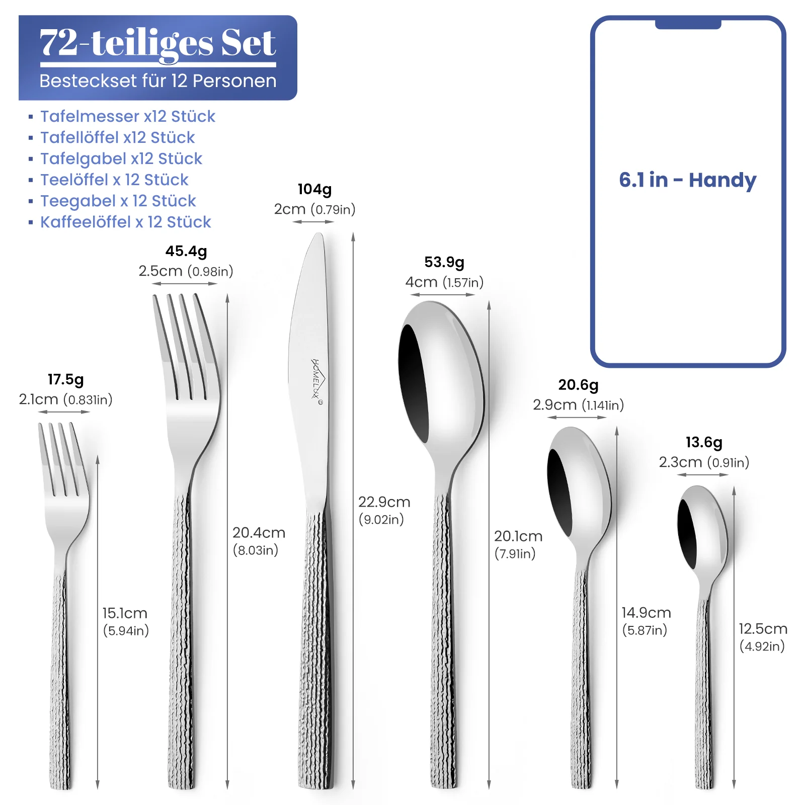 HOMELUX 72-teiliges Besteckset für 12 Personen, Edelstahl Tafelbesteck, Gehämmertes Design, Spülmaschinenfest - Image 5