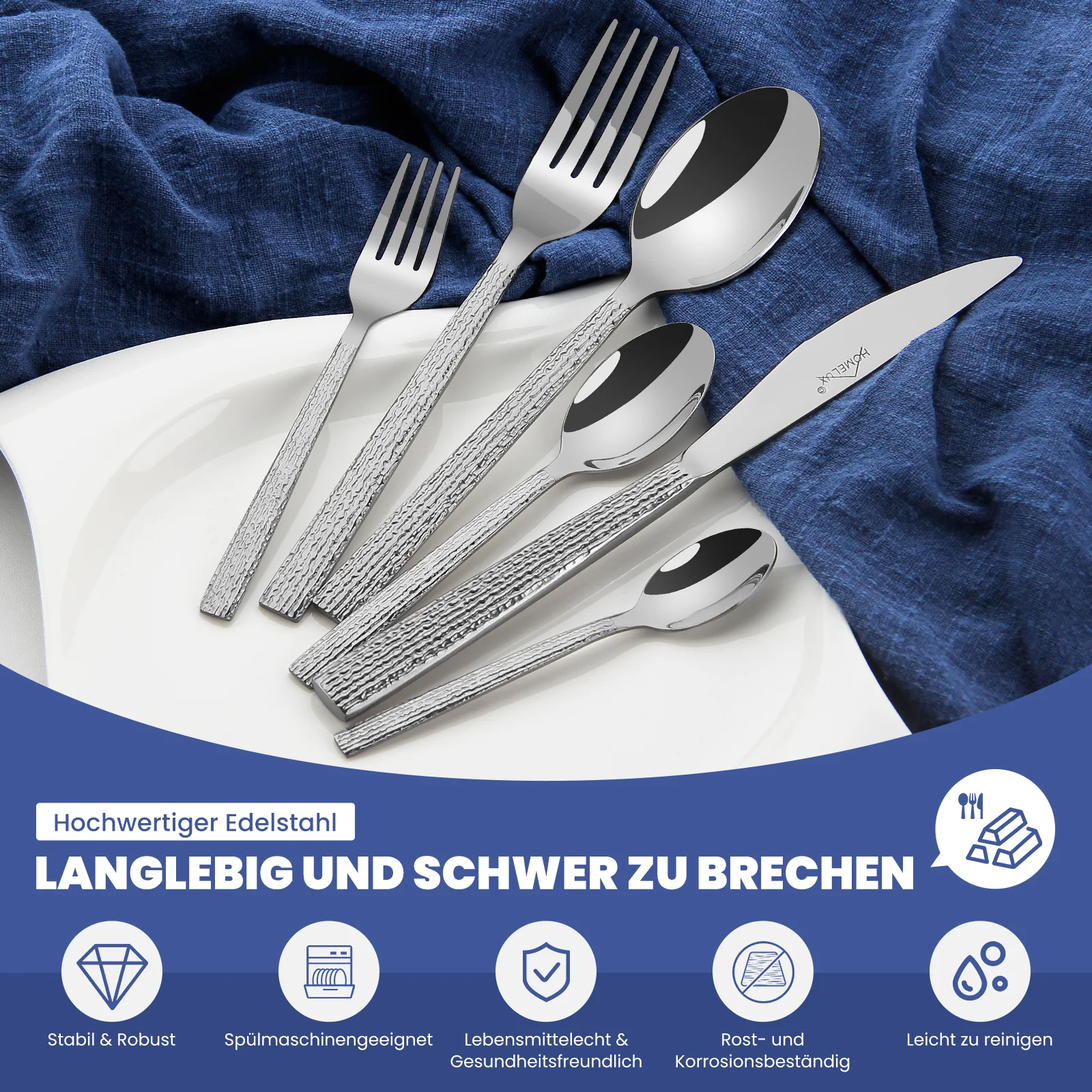 HOMELUX 72-teiliges Besteckset für 12 Personen, Edelstahl Tafelbesteck, Gehämmertes Design, Spülmaschinenfest - Image 6