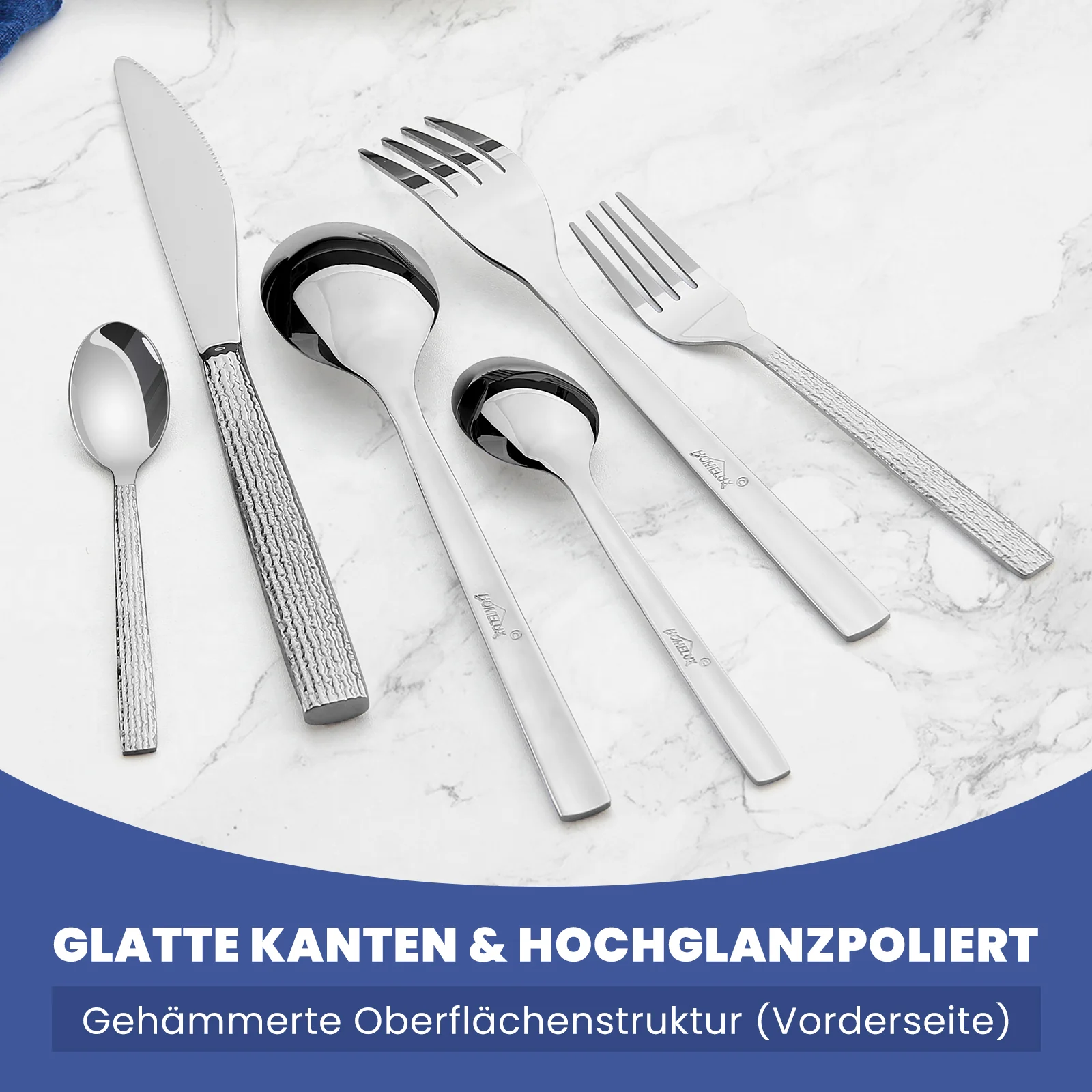 HOMELUX 72-teiliges Besteckset für 12 Personen, Edelstahl Tafelbesteck, Gehämmertes Design, Spülmaschinenfest - Image 7