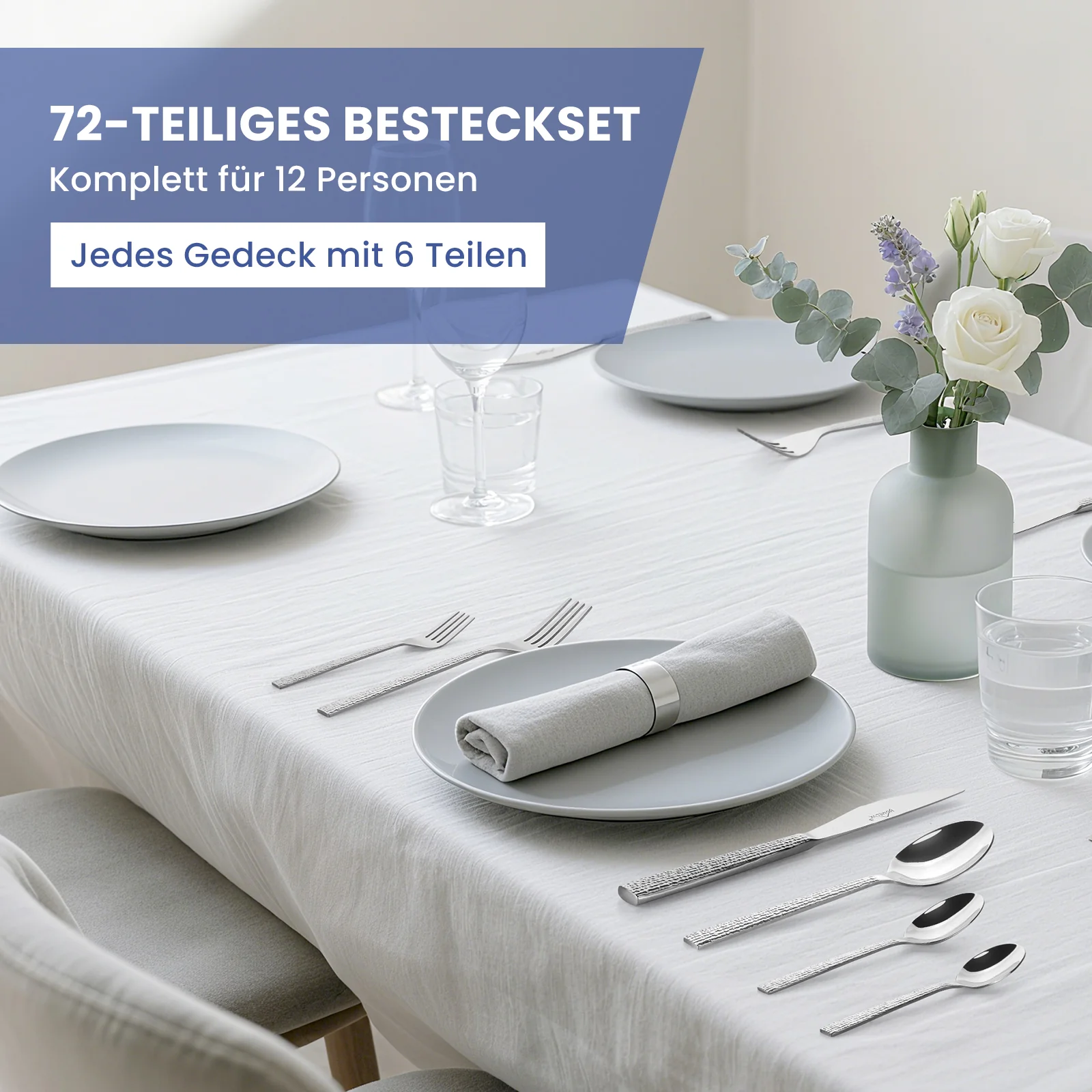 HOMELUX 72-teiliges Besteckset für 12 Personen, Edelstahl Tafelbesteck, Gehämmertes Design, Spülmaschinenfest - Image 9