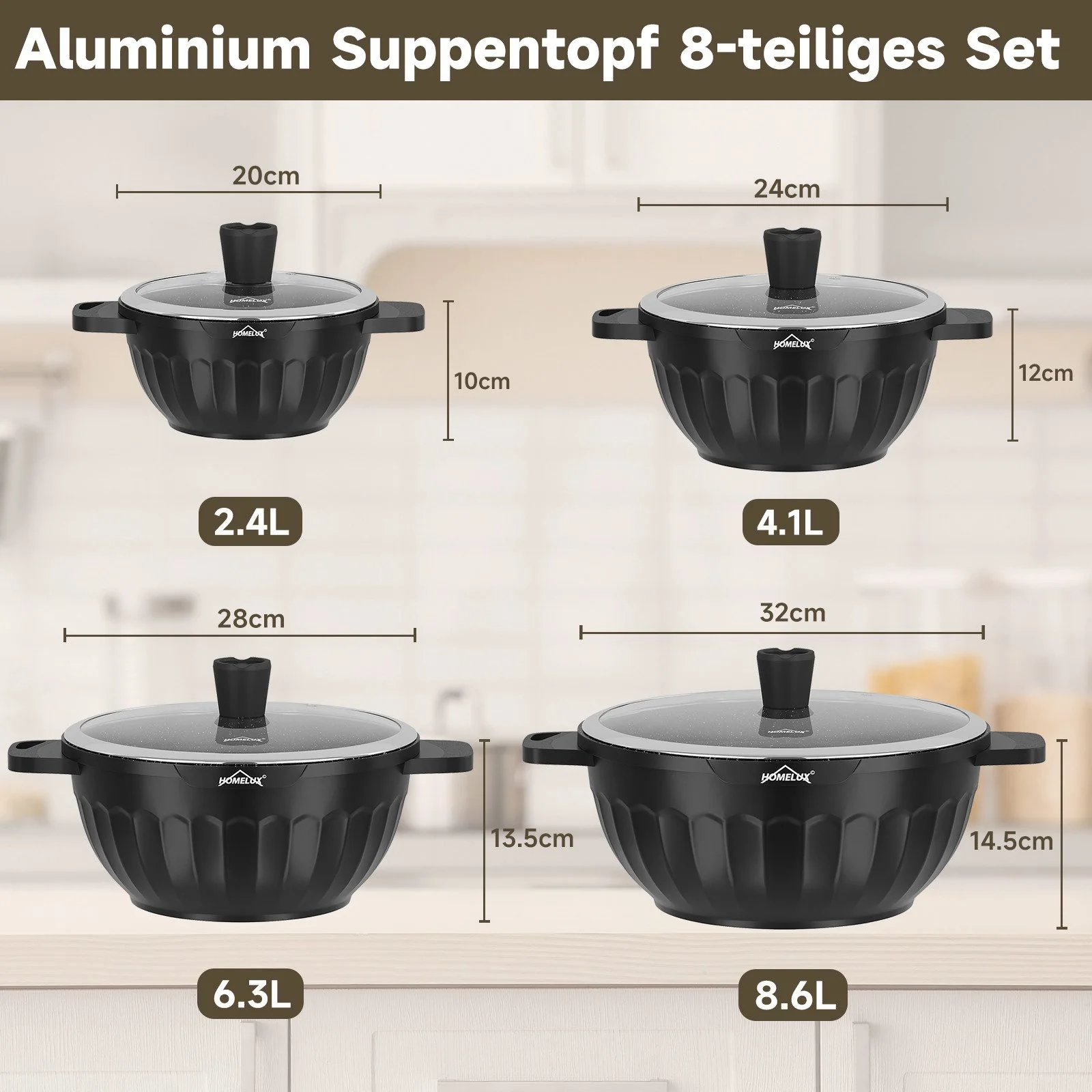 HOMELUX Topf-Set 8-tlg Kochtopf Set Induktions 20-32 cm, PFOA-fre Töpfe Set mit Deckel - Image 3