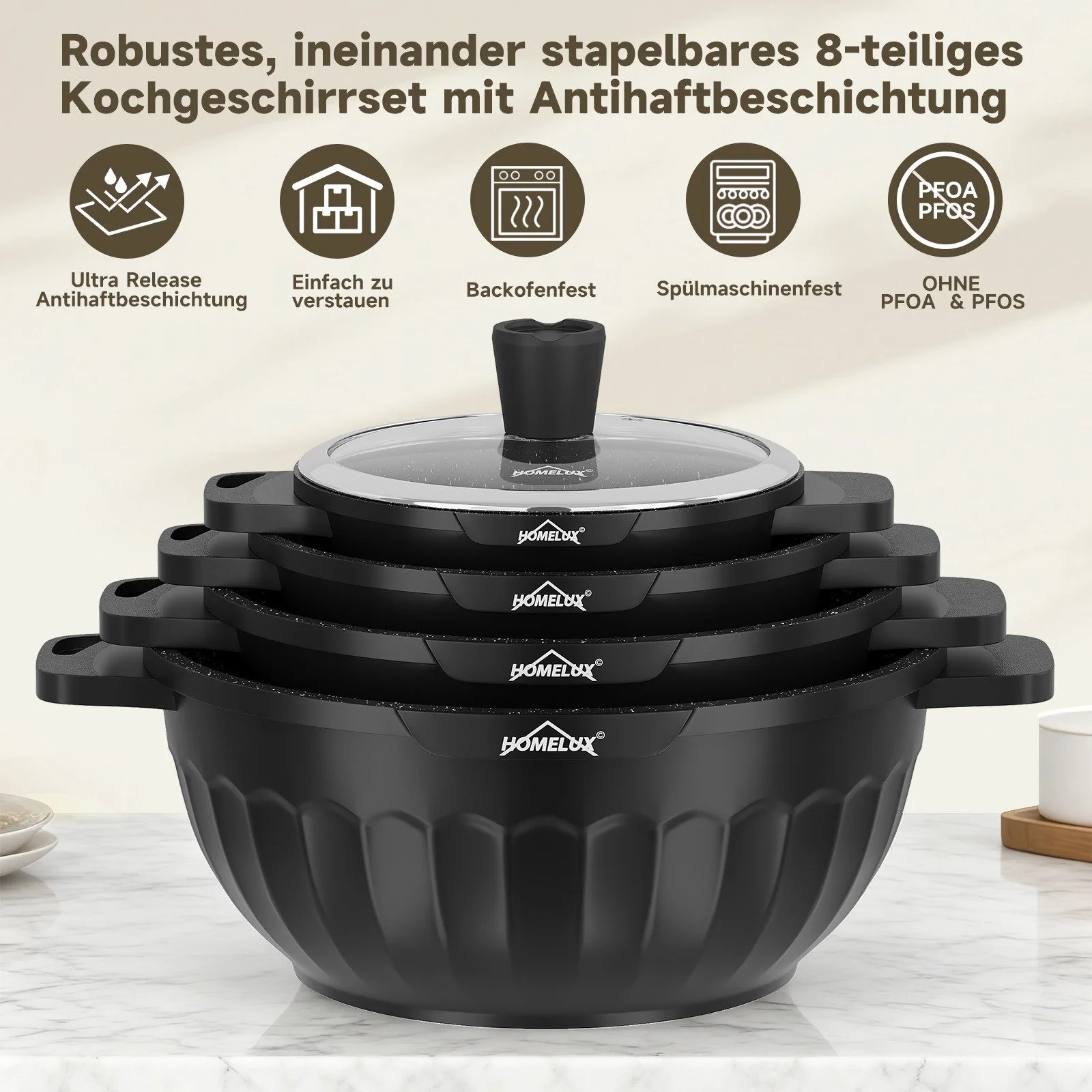 HOMELUX Topf-Set 8-tlg Kochtopf Set Induktions 20-32 cm, PFOA-fre Töpfe Set mit Deckel - Image 5