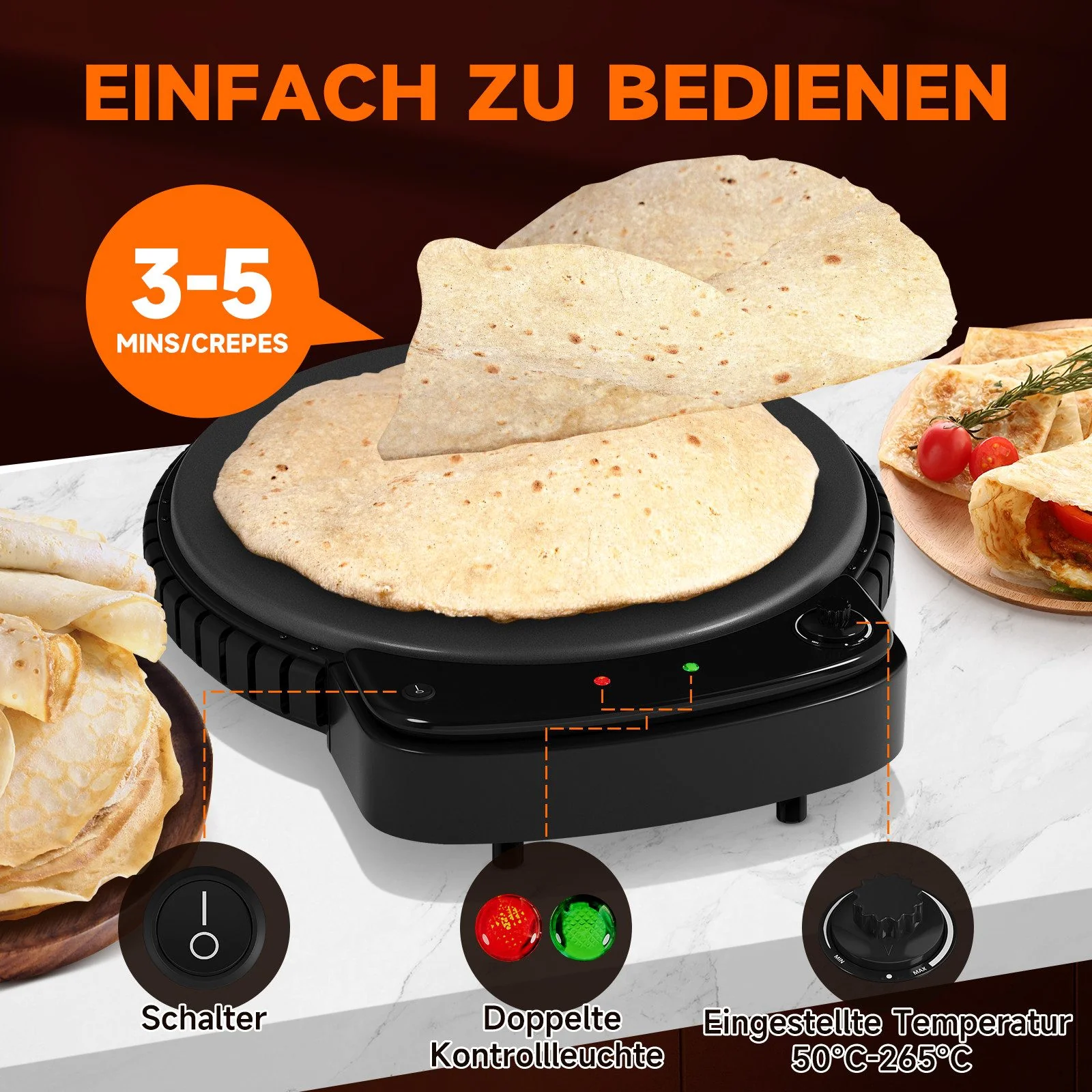 HOMELUX Crêpesmaker 2500W Ø50 cm Pancakemaker, Temperaturregler , Crêpesmaker - Image 4
